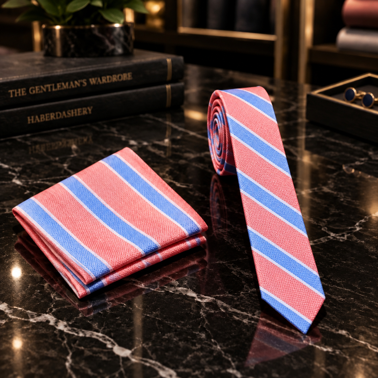 thin Salmon Blue Stripe Tie and square