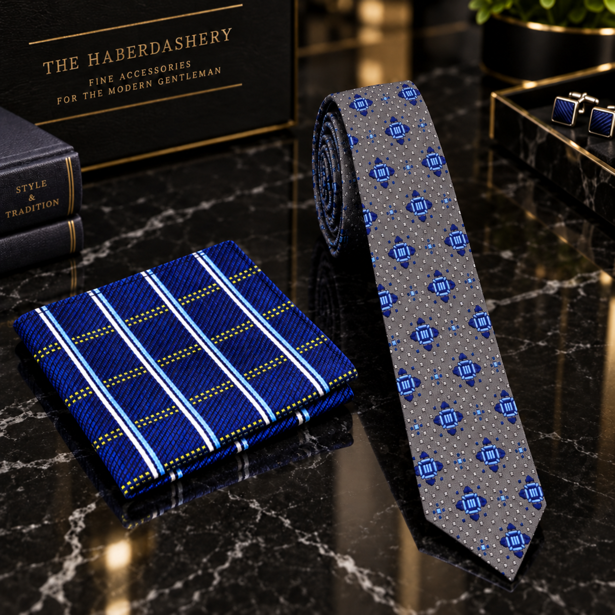 Thin Grey Blue Geometric Tie and accenting square