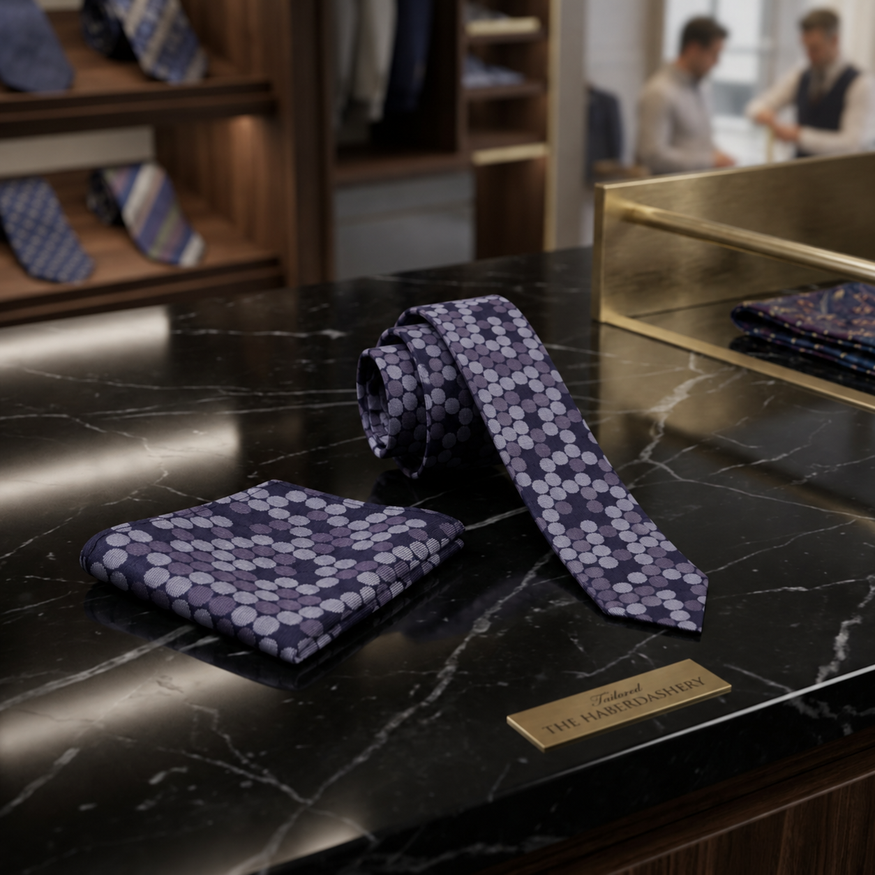A men's necktie and matching pocket square set in a dark purple and lavender geometric pattern, displayed on a black marble counter inside a luxury retail store. A gold brand plaque reads 'The Harem Shirts'.