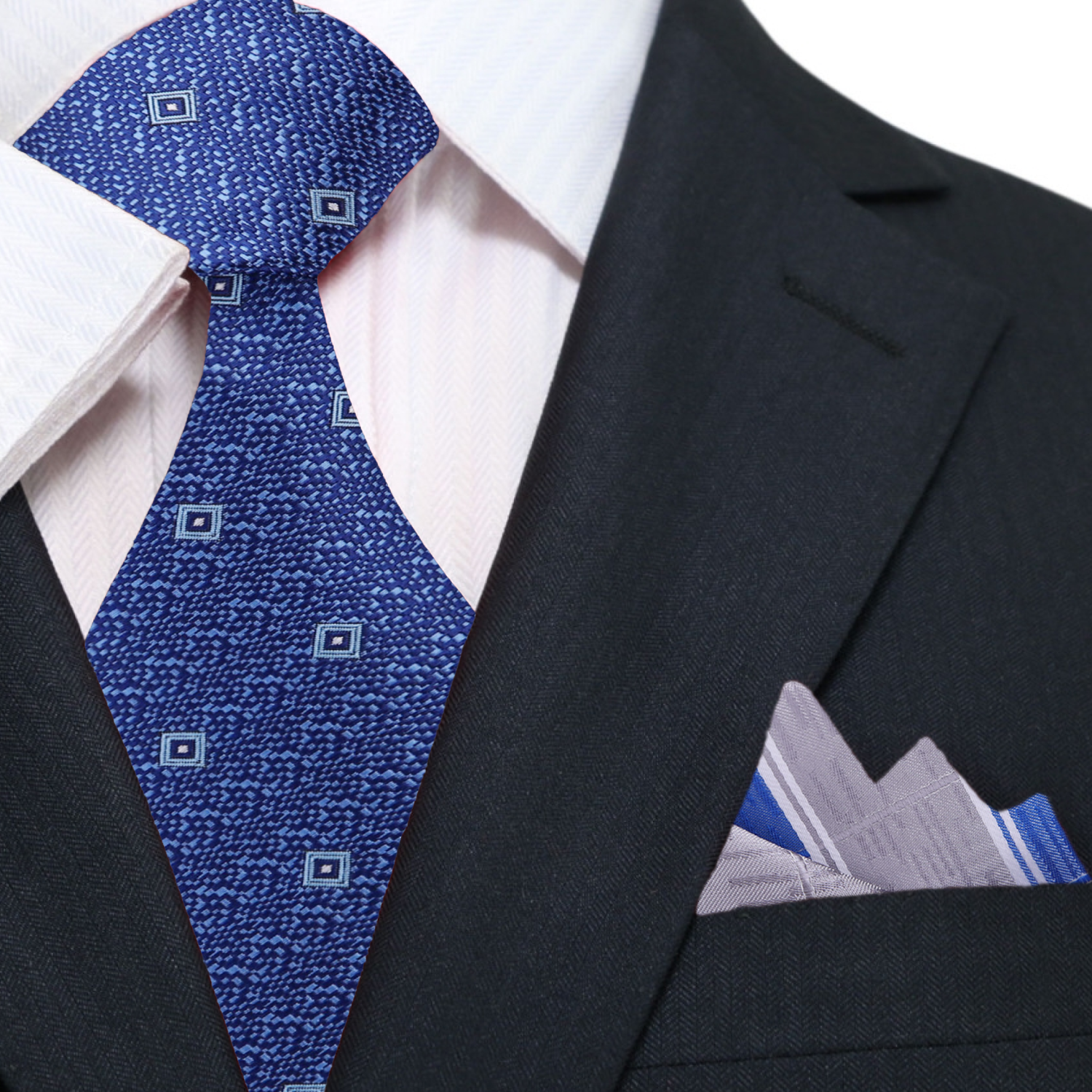 Blue, Light Blue Small Medallion Geometric Tie and Accenting Square