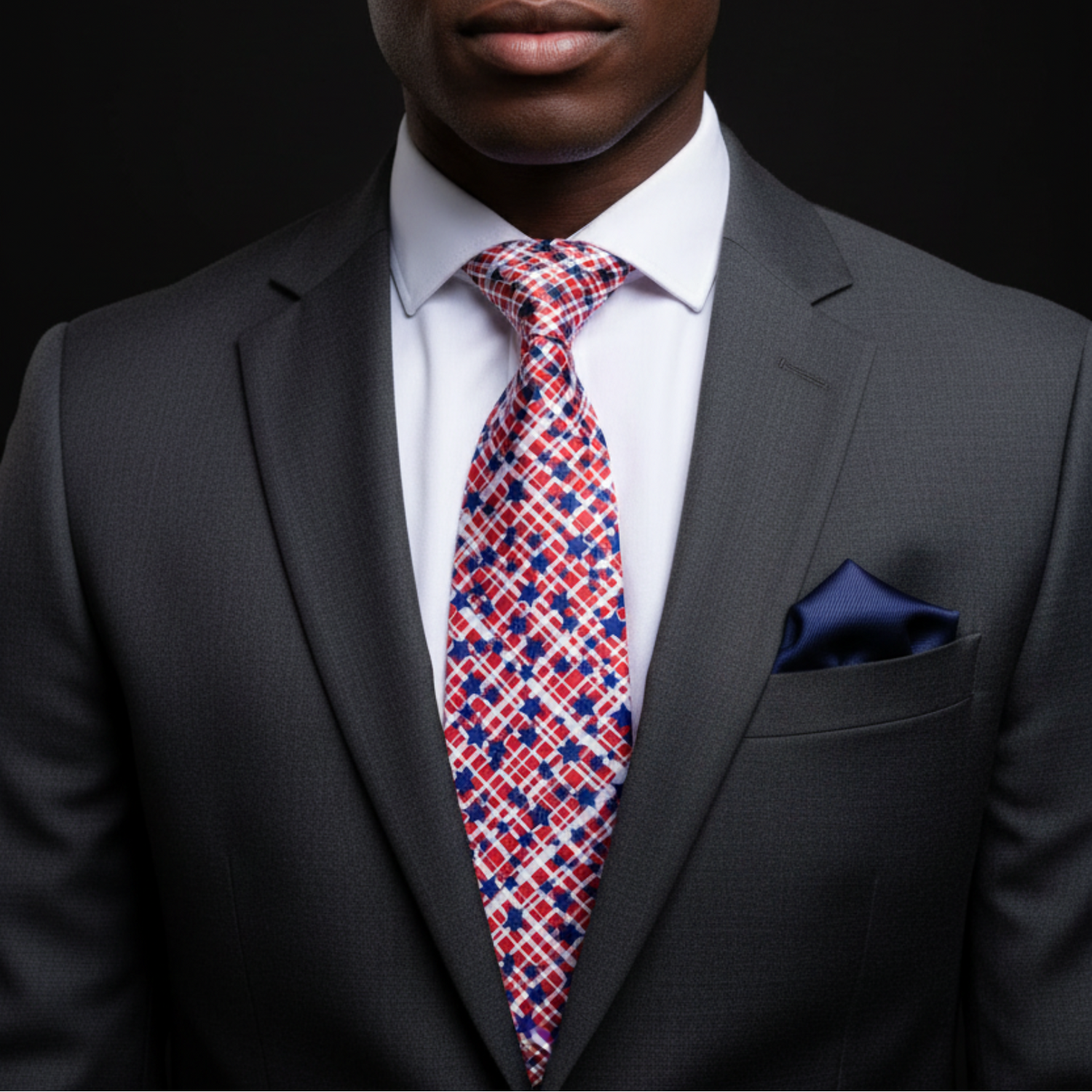 Man wearing a gray suit with a red, white, and blue patterned tie and a navy pocket square.