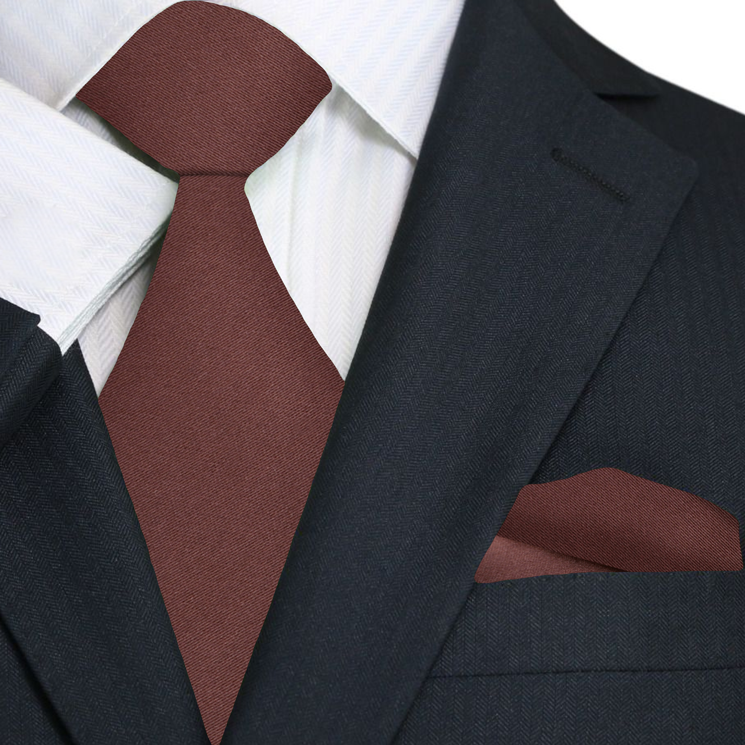 A Solid Brown Pattern Necktie, Matching Pocket Square ||Brown