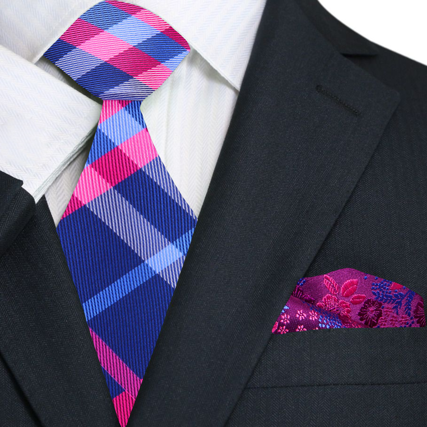 Blue Pink Plaid Tie and Floral Square