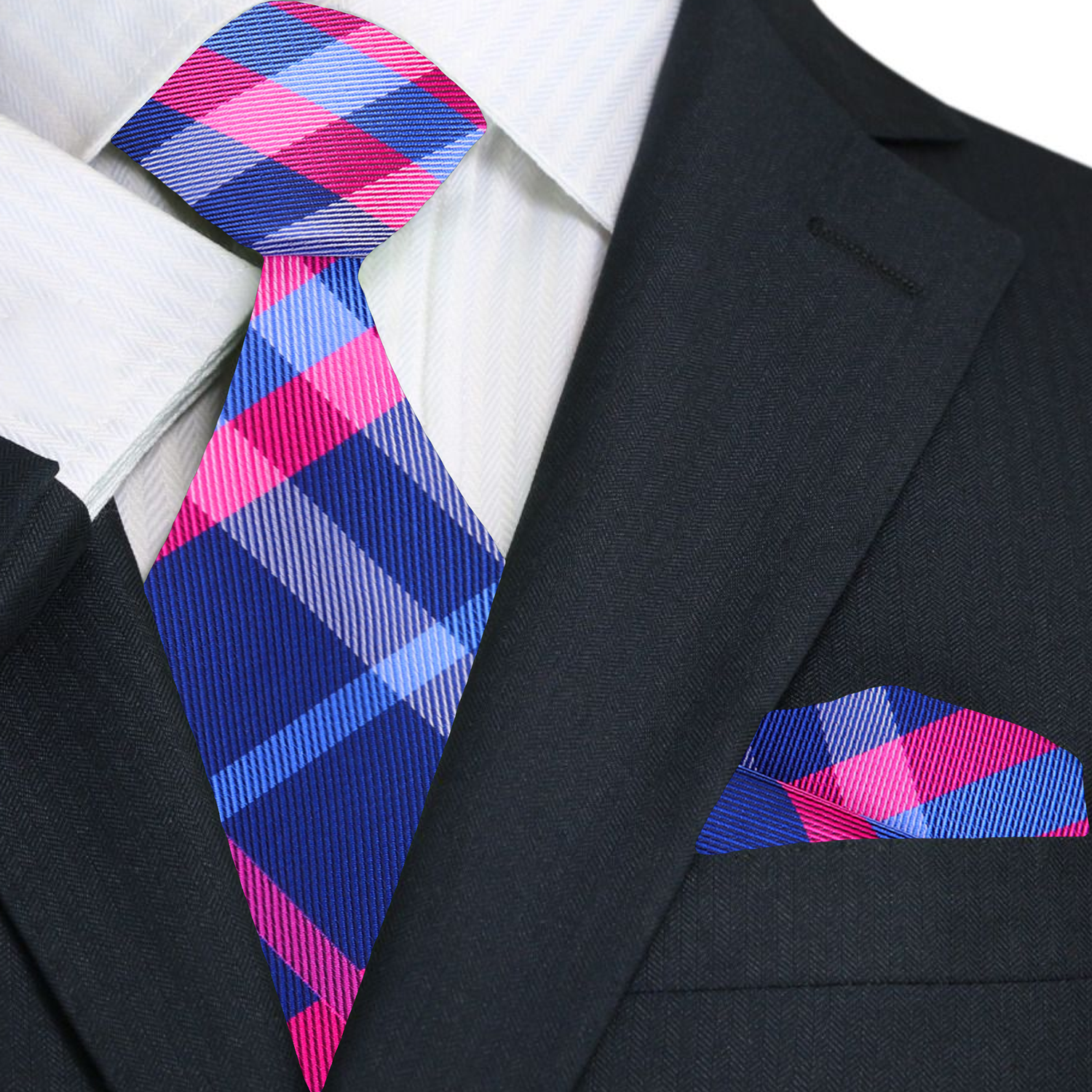 Blue Pink Plaid Tie and Square