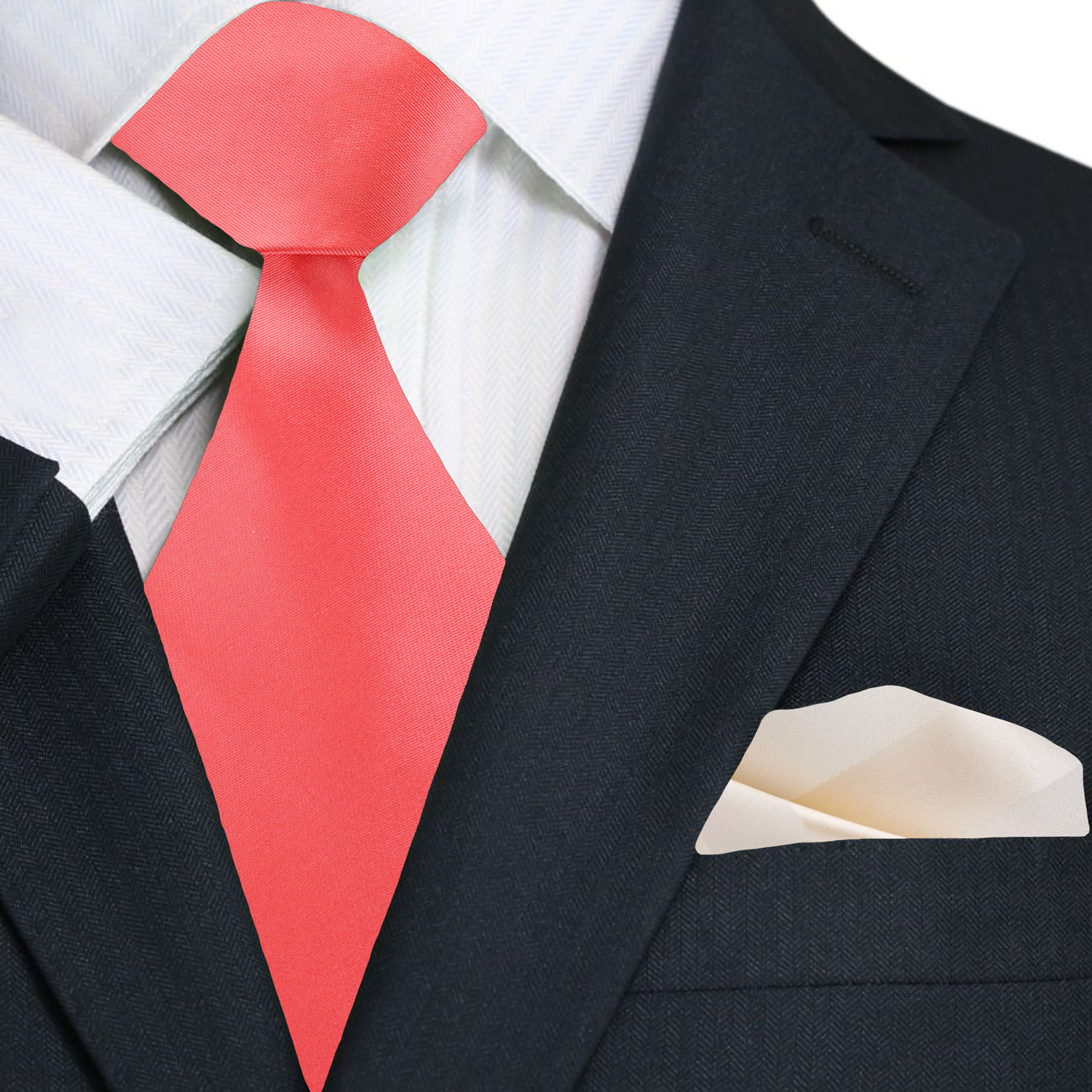 Main Solid Coral Necktie with Golden Pearl Stripe Pocket Square