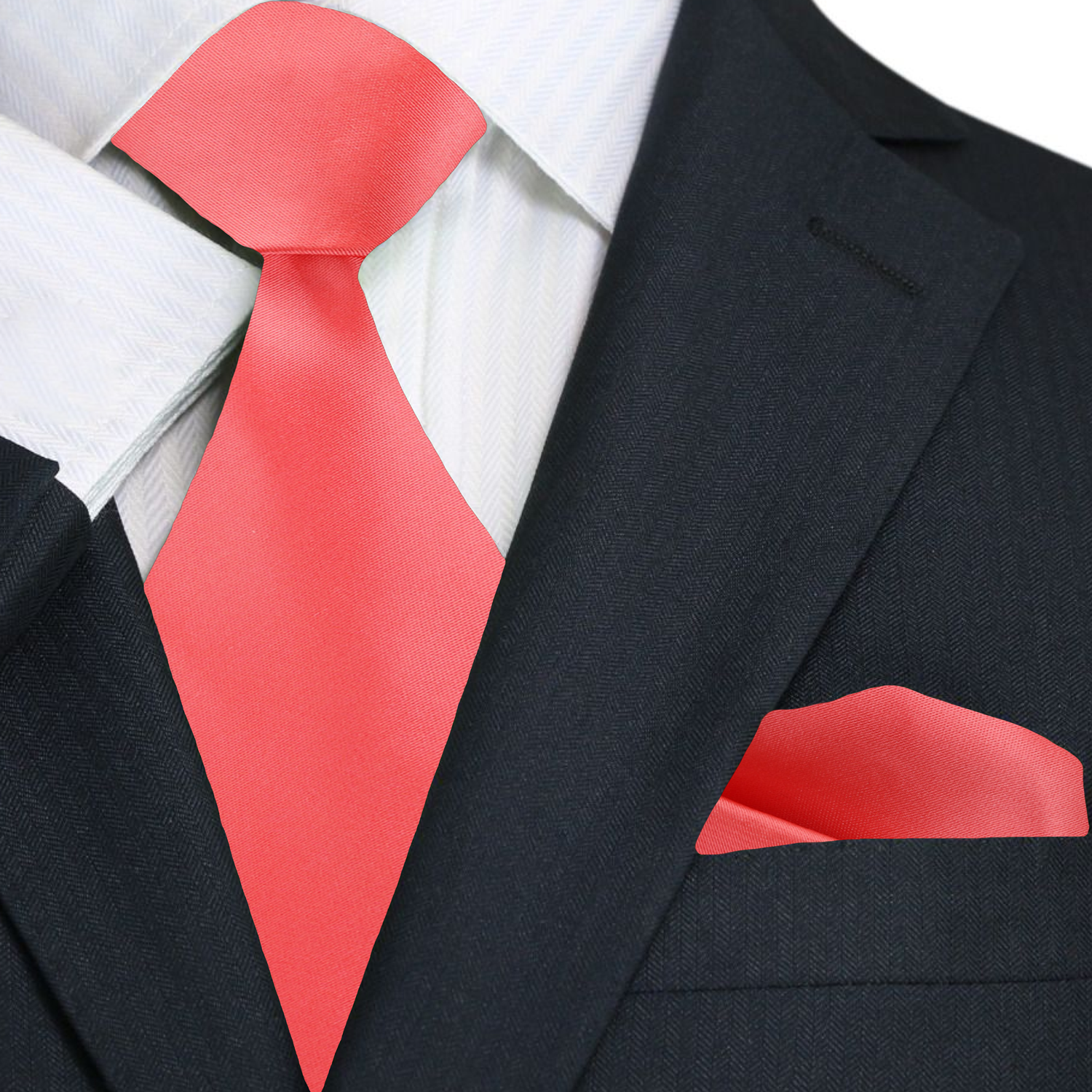 Main Solid Coral Necktie with Pocket Square