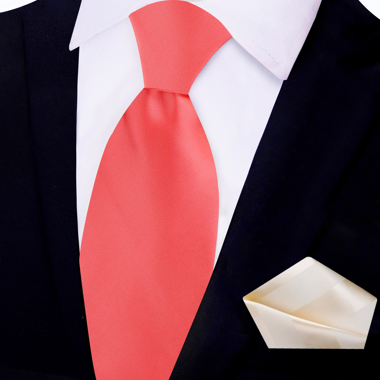 Solid Coral Necktie with Golden Pearl Stripe Pocket Square