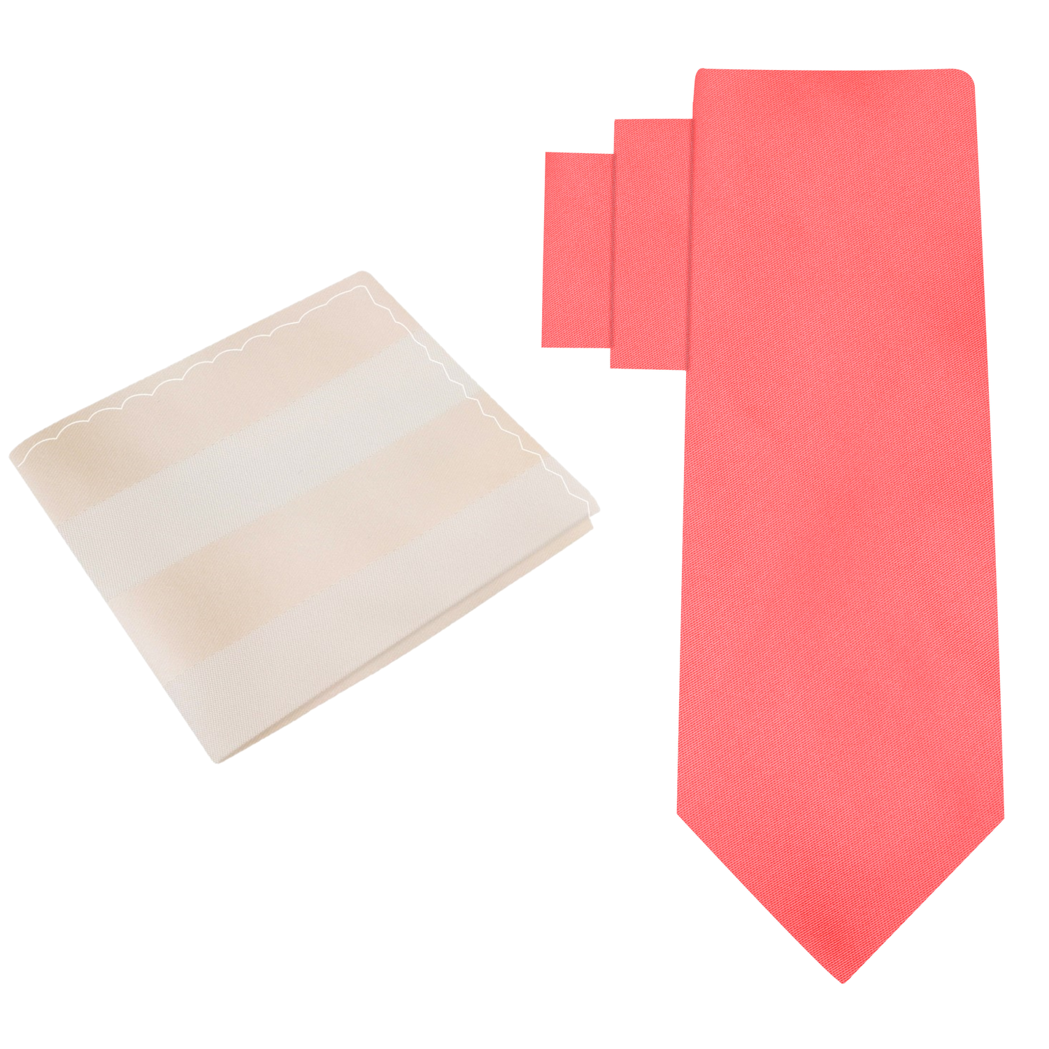 Alt view: Solid Coral Necktie with Golden Pearl Stripe Pocket Square