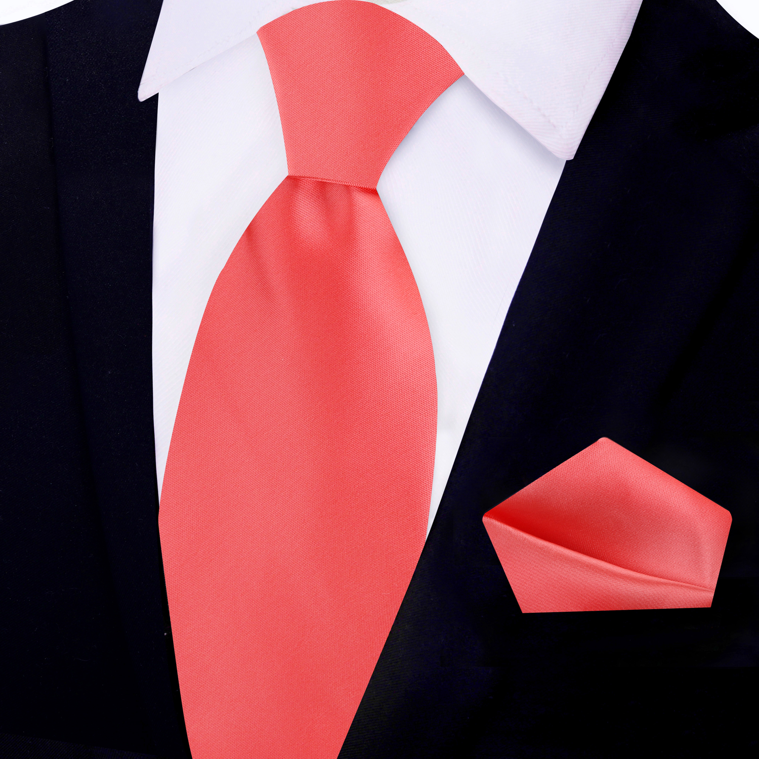 Solid Coral Necktie with Pocket Square