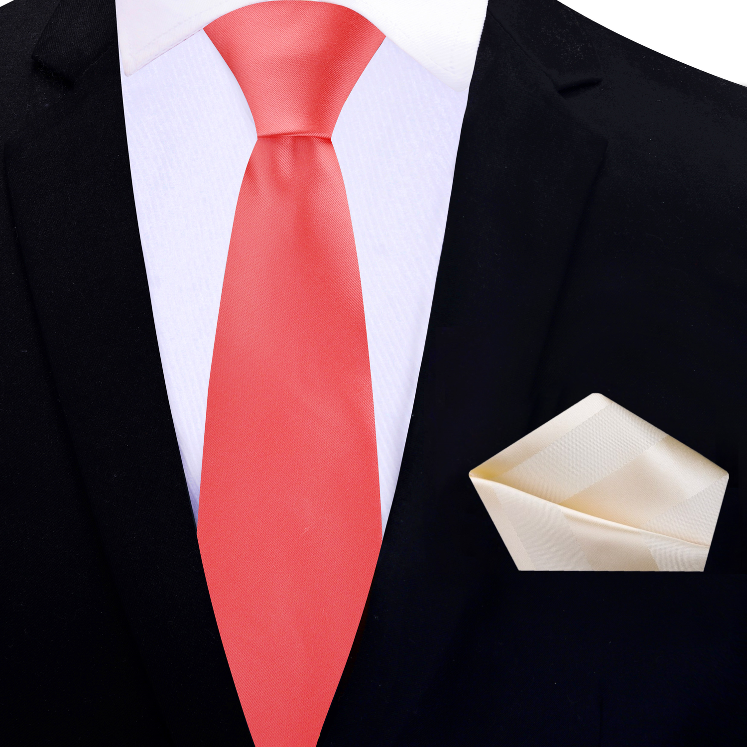 Thin Tie: Solid Coral Necktie with Golden Pearl Stripe Pocket Square