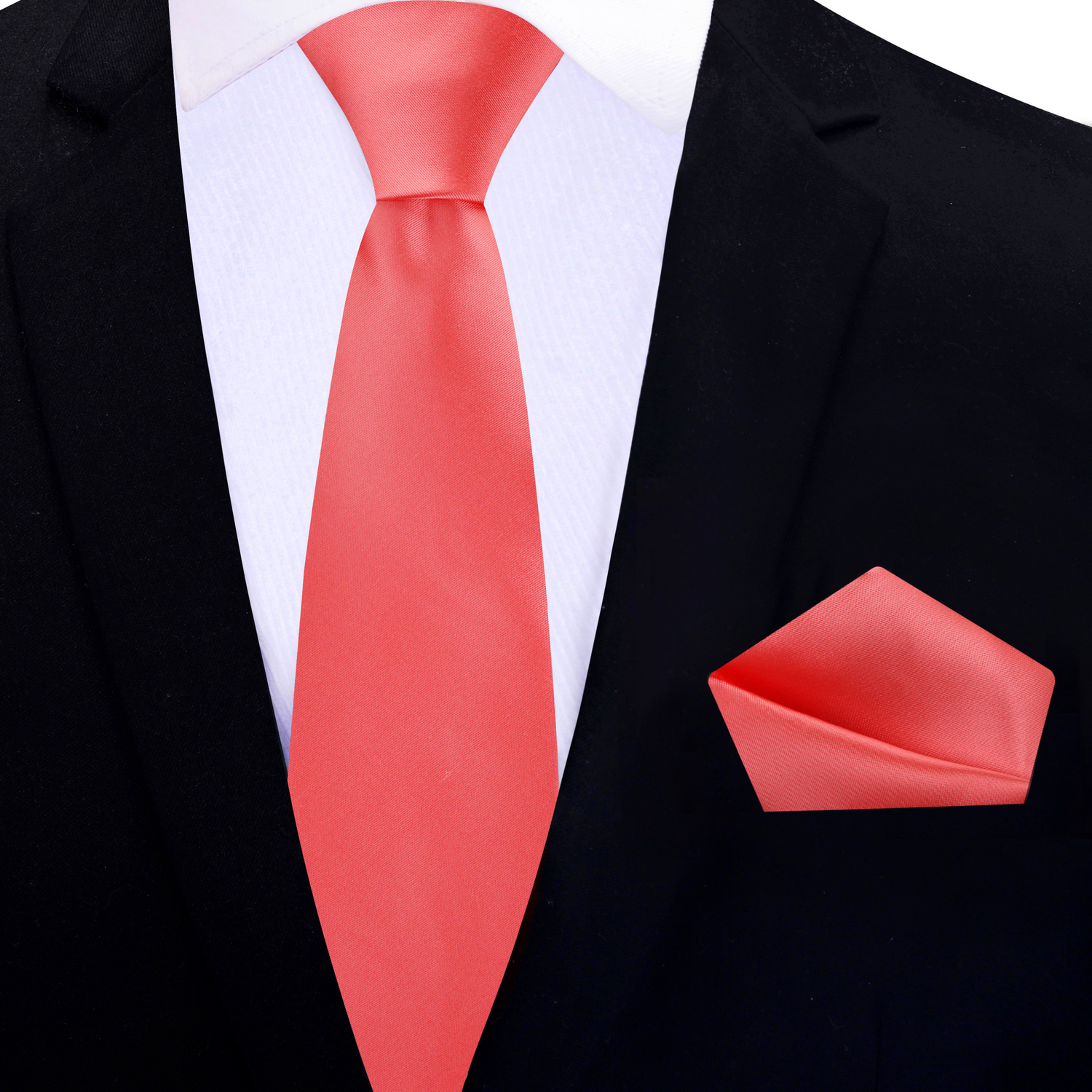 Thin Tie: Solid Coral Necktie with Pocket Square
