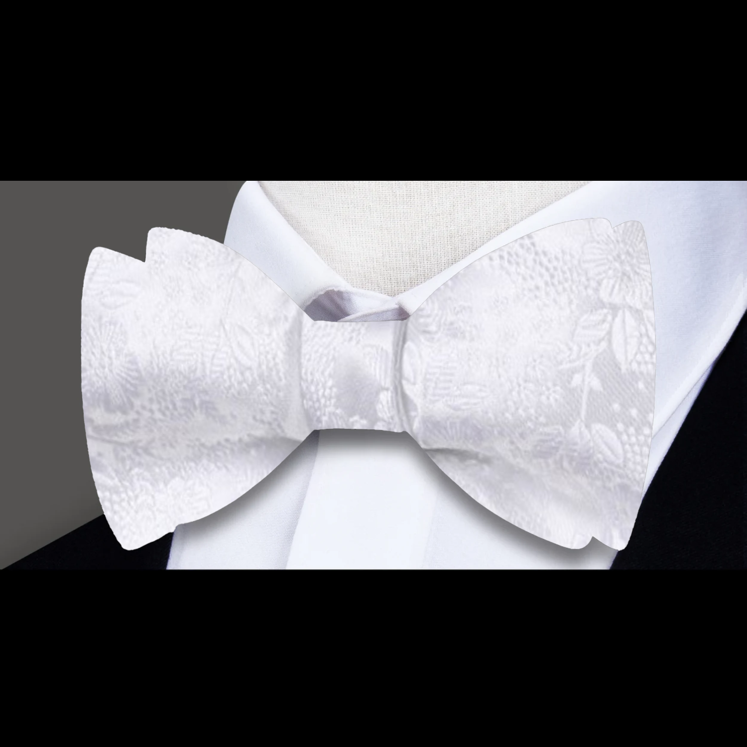 A White Detailed Flowers Pattern Silk Self Tie Bow Tie