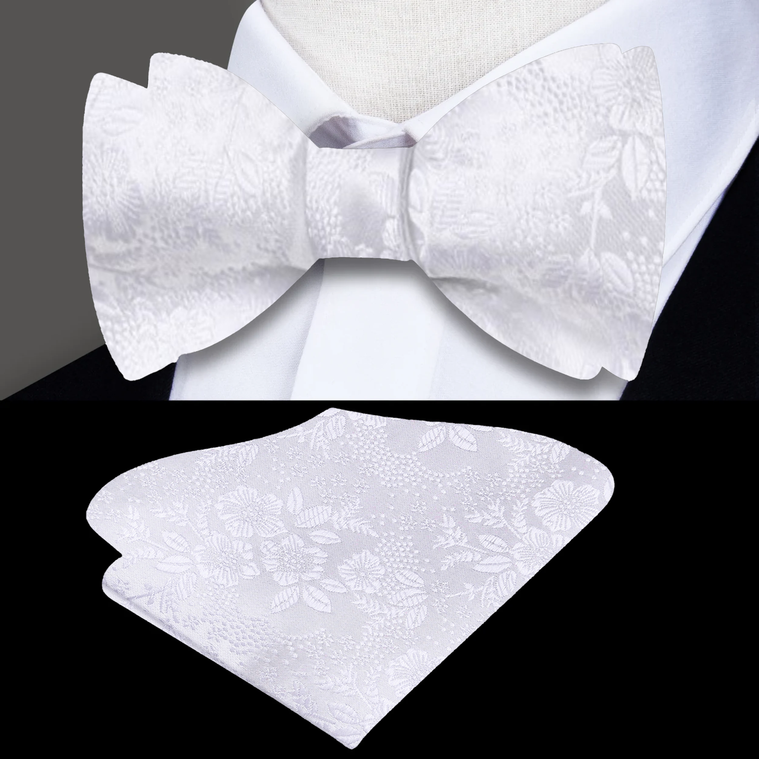 A White Detailed Flowers Pattern Silk Self Tie Bow Tie, Matching Pocket Square