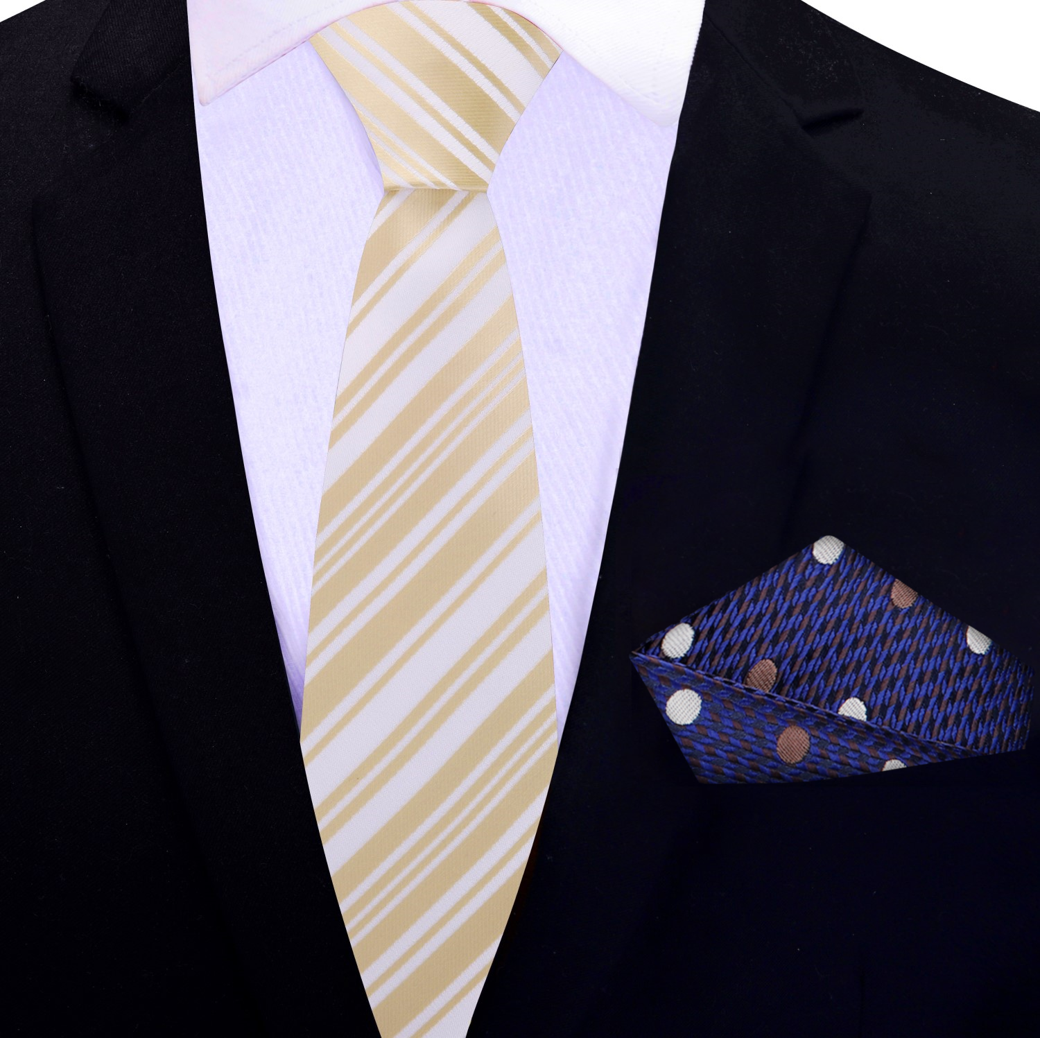 Thin Soft Gold, Pearl Stripe Silk Tie and Accenting Pocket Square