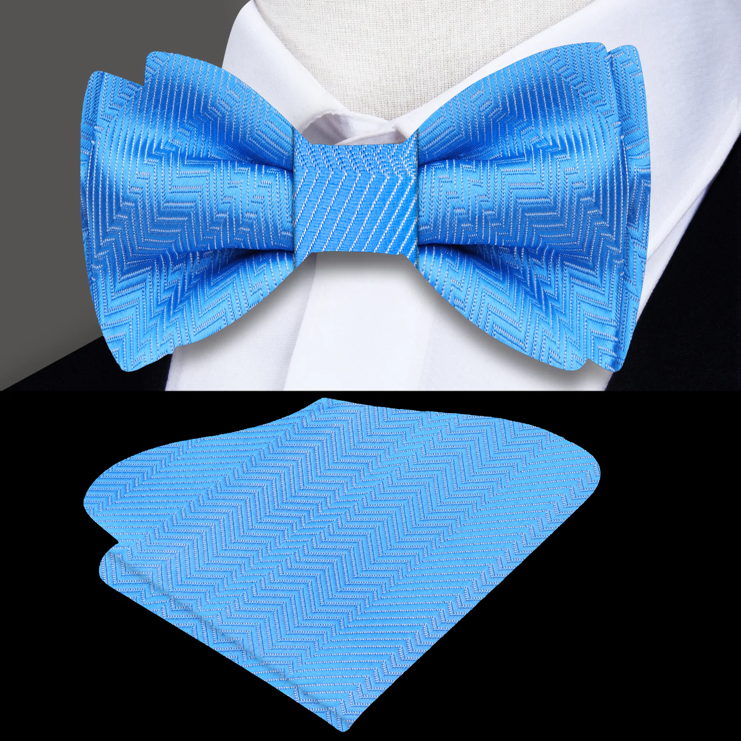 Main: A Solid Sky Blue Pattern Silk Self Tie Bow Tie, Matching Pocket Square||Sky Blue