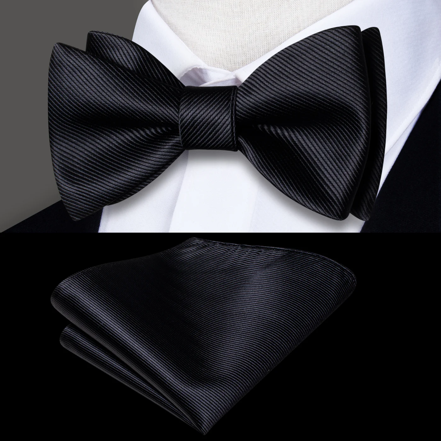 Main View: A Black Solid Pattern Silk Self Tie Bow Tie, Matching Pocket Square On Suit