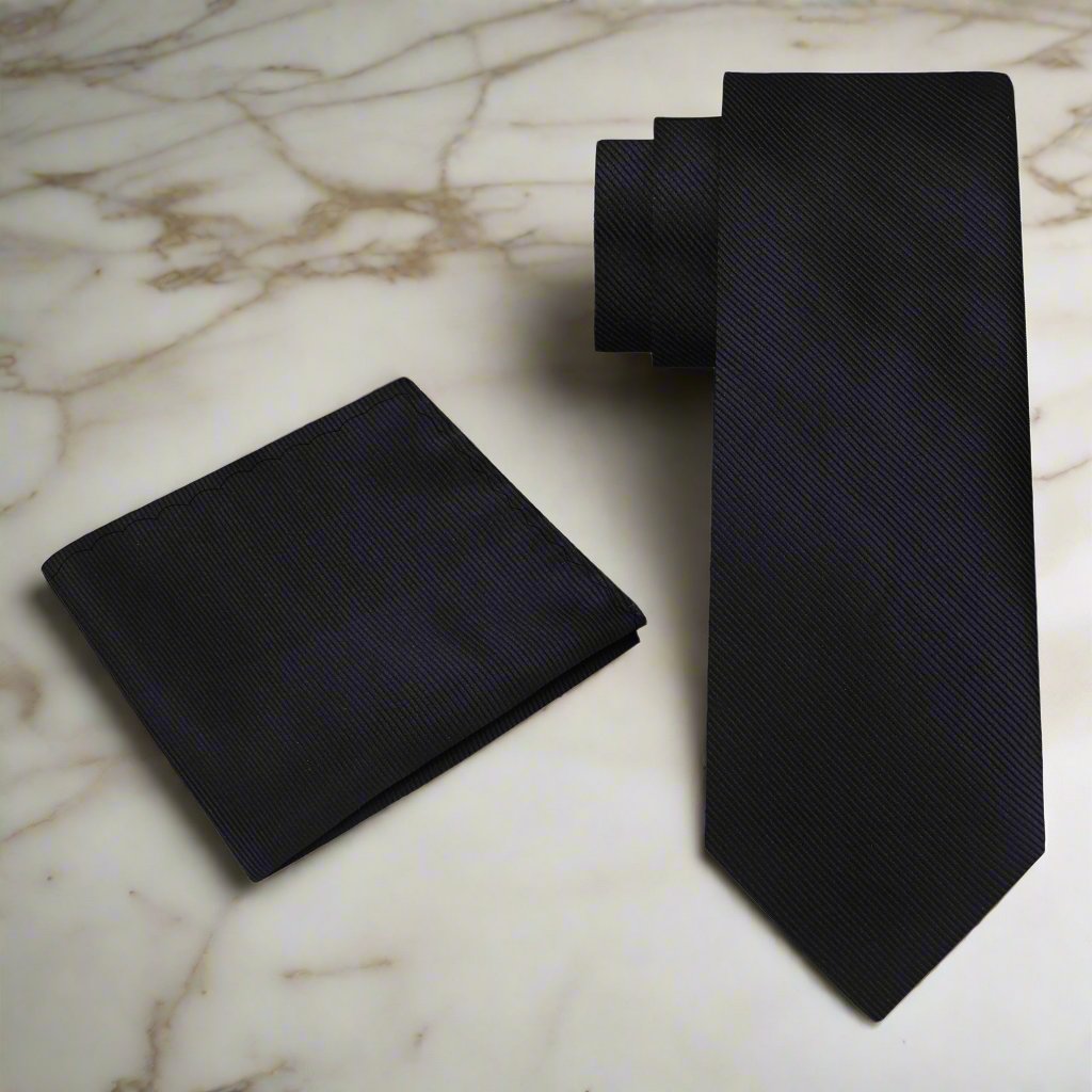 Alt View: Solid Black Necktie with Matching Pocket Square