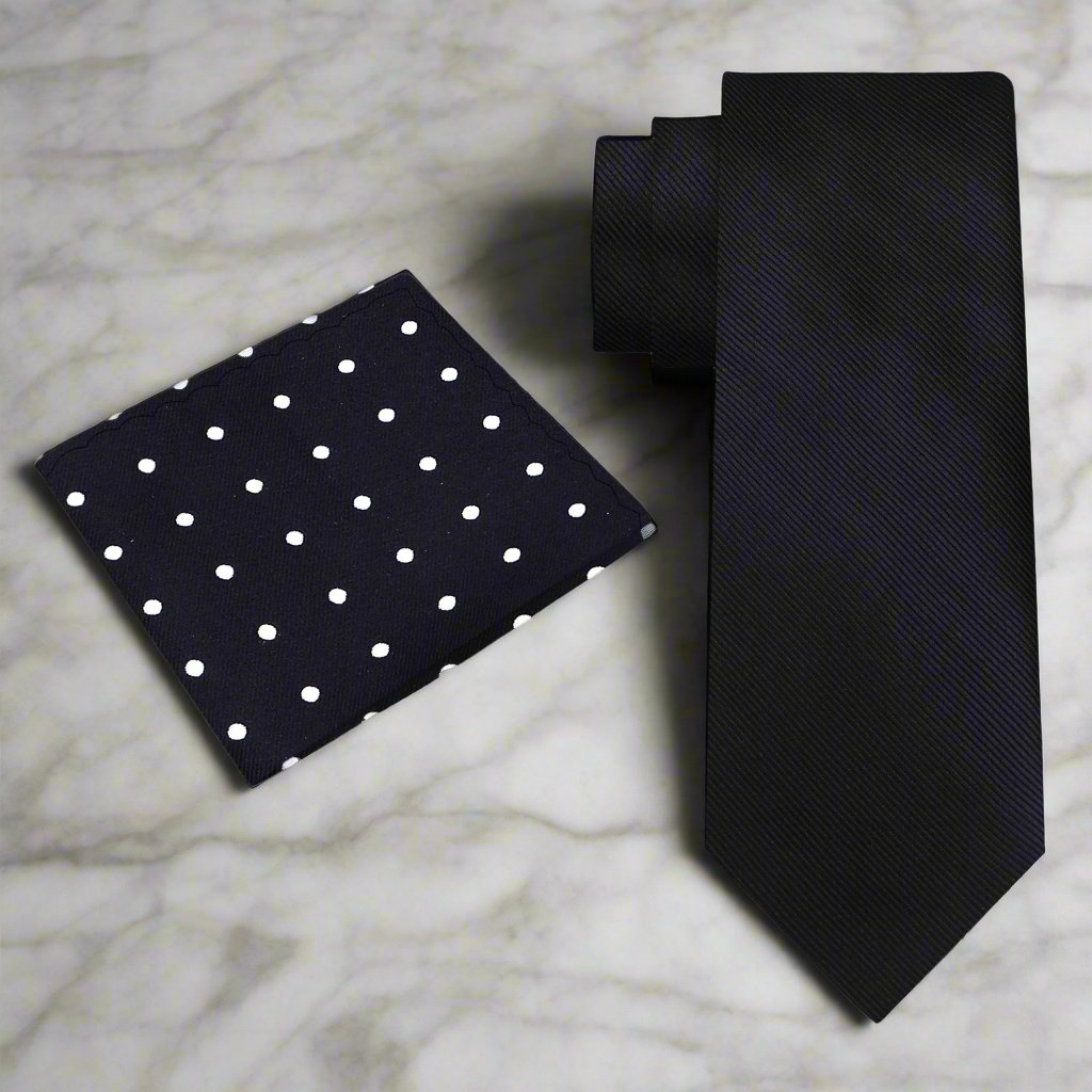 Alt View: Solid Black Necktie with Accenting Black Polka Pocket Square