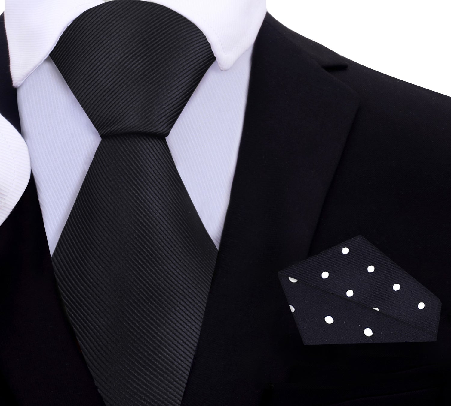 Solid Black Necktie with Accenting Black Polka Pocket Square