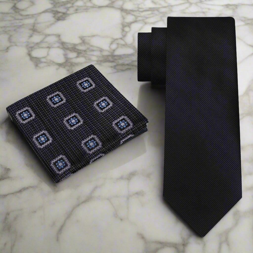 Alt View: Solid Black Necktie with Accenting Charcoal Geometric Pocket Square