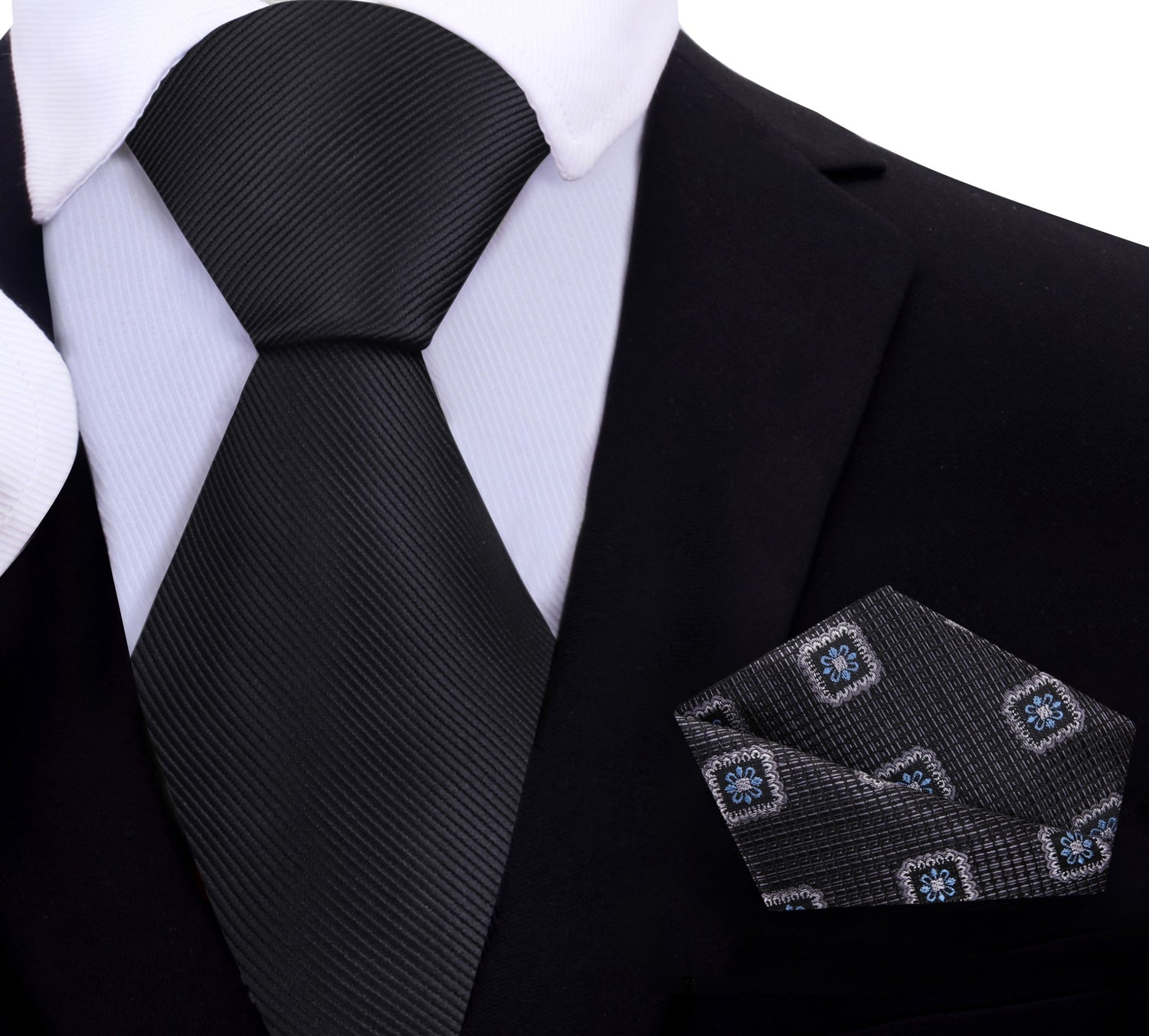 Solid Black Necktie with Accenting Charcoal Geometric Pocket Square