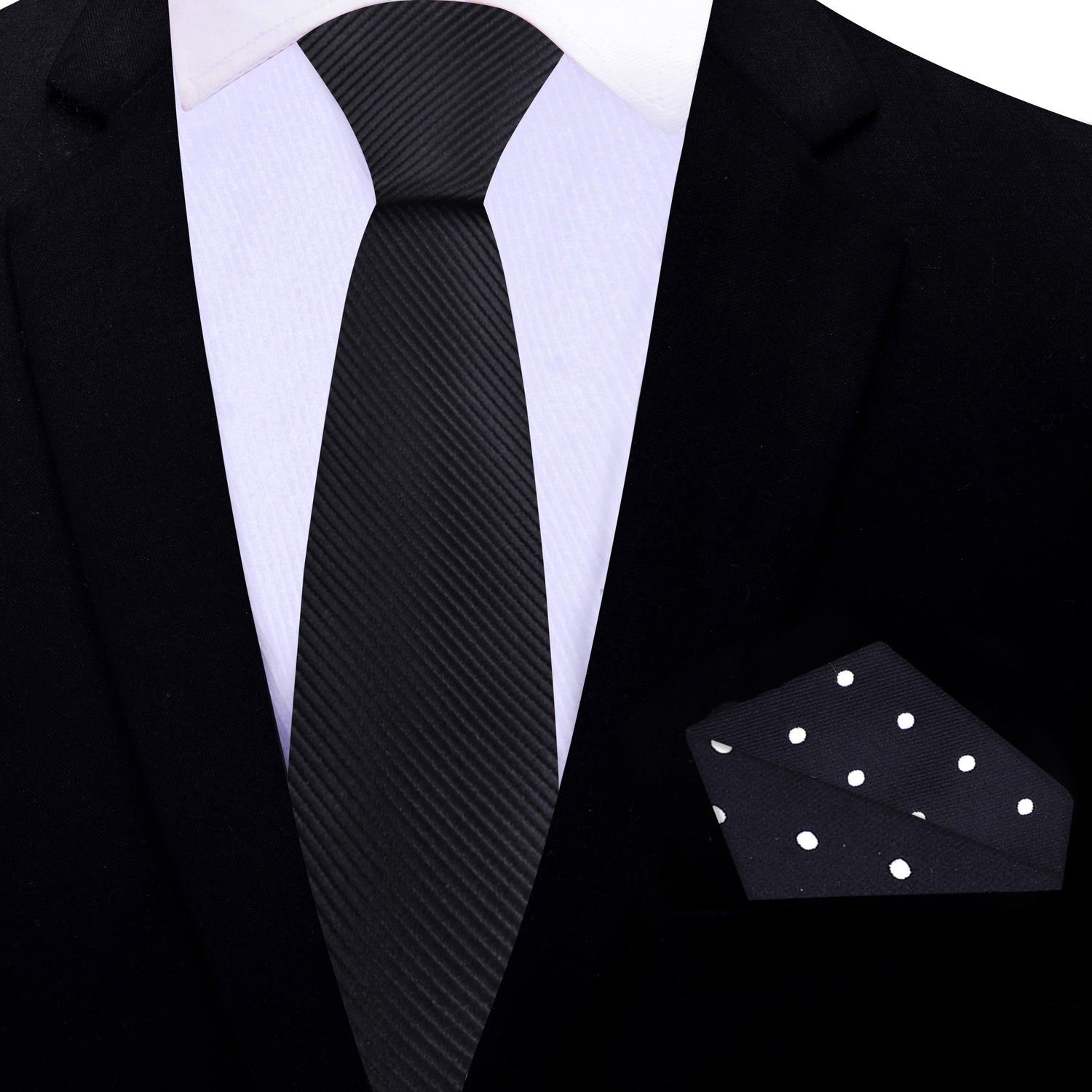 Thin Tie: Solid Black Necktie with Accenting Black Polka Pocket Square