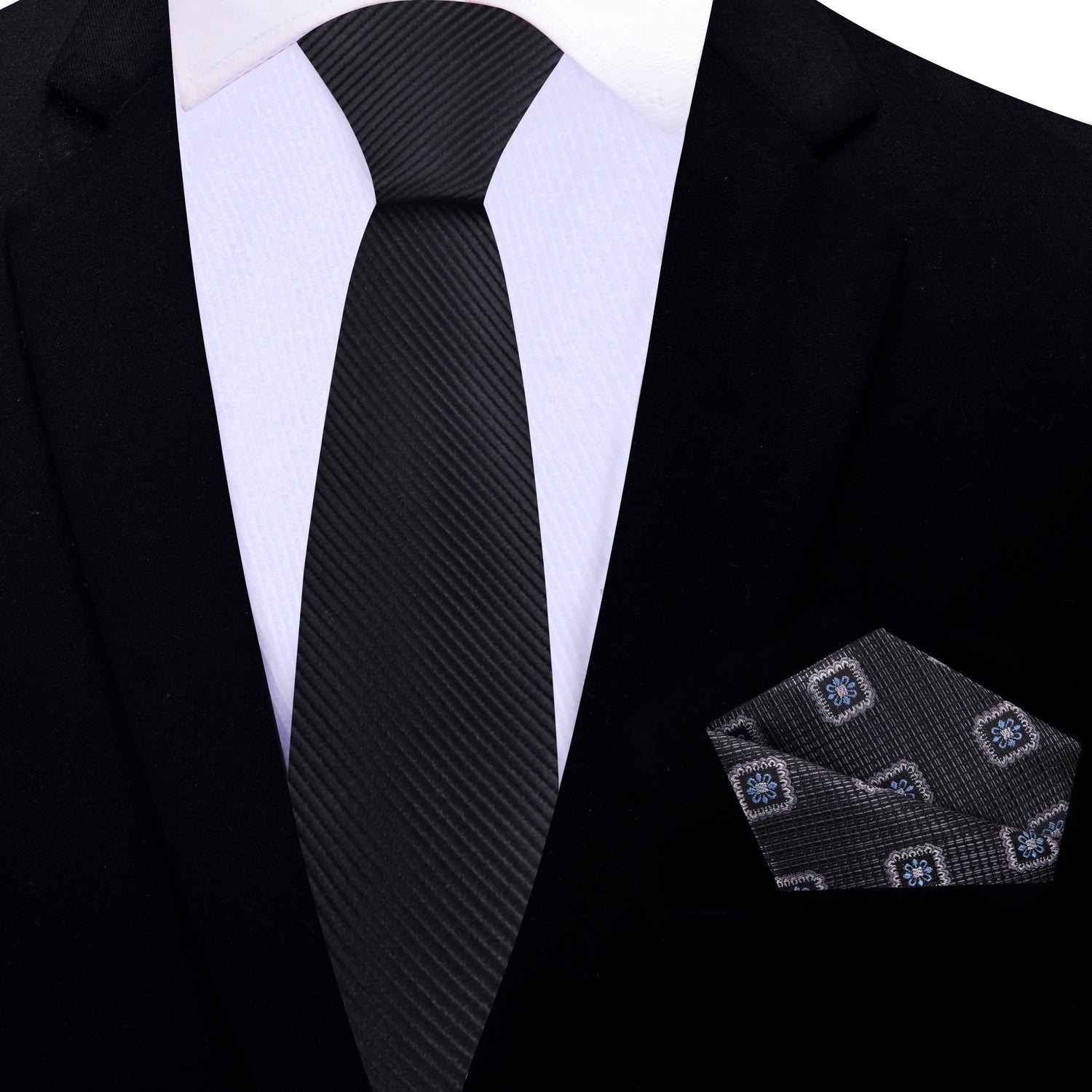 Thin Tie: Solid Black Necktie with Accenting Charcoal Geometric Pocket Square