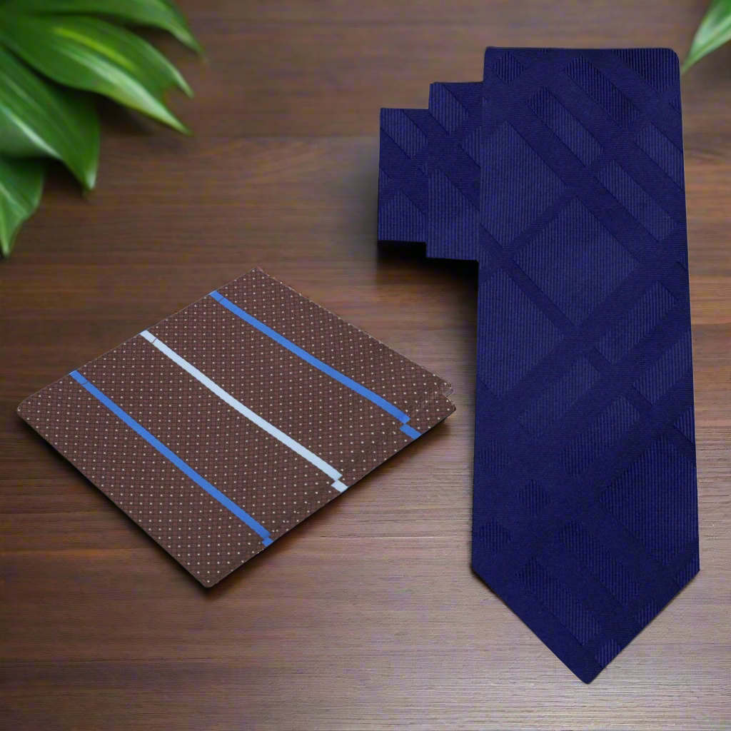 Alt View: A Solid Dark Blue With Lines Texture Silk Necktie, Matching Pocket Square