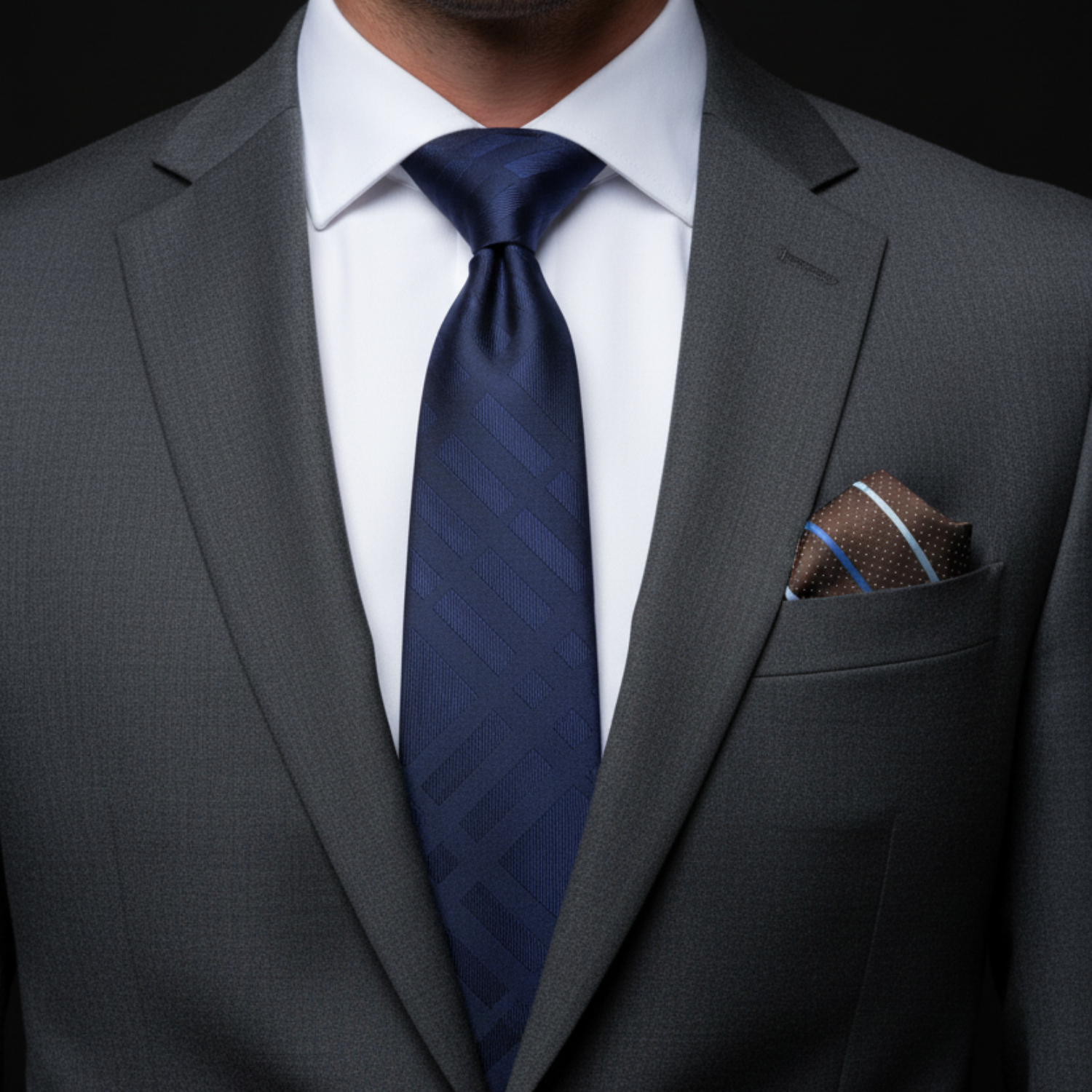 Man wearing blue tie and brown stripe square