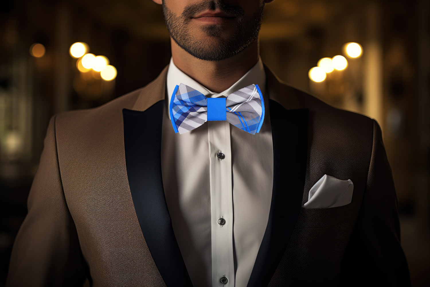 Grey Blue Plaid Bow Tie On Man Wearing Suit2 