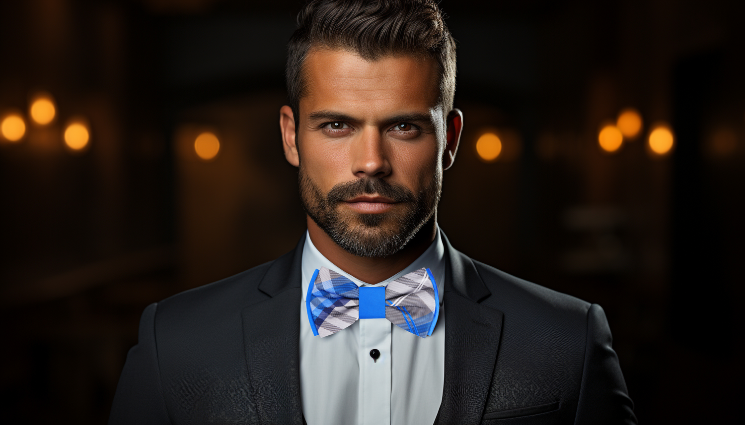 Grey Blue Plaid Bow Tie On Man Wearing Suit View 2