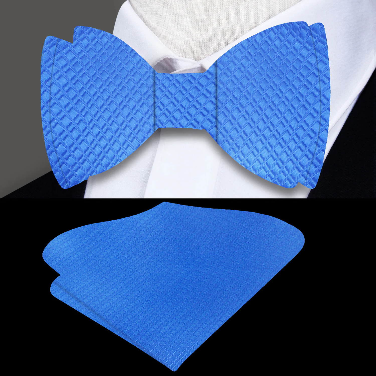 Main: A Solid Royal Blue With Small Check Texture Pattern Silk Self Tie Bow Tie With Matching Pocket Square