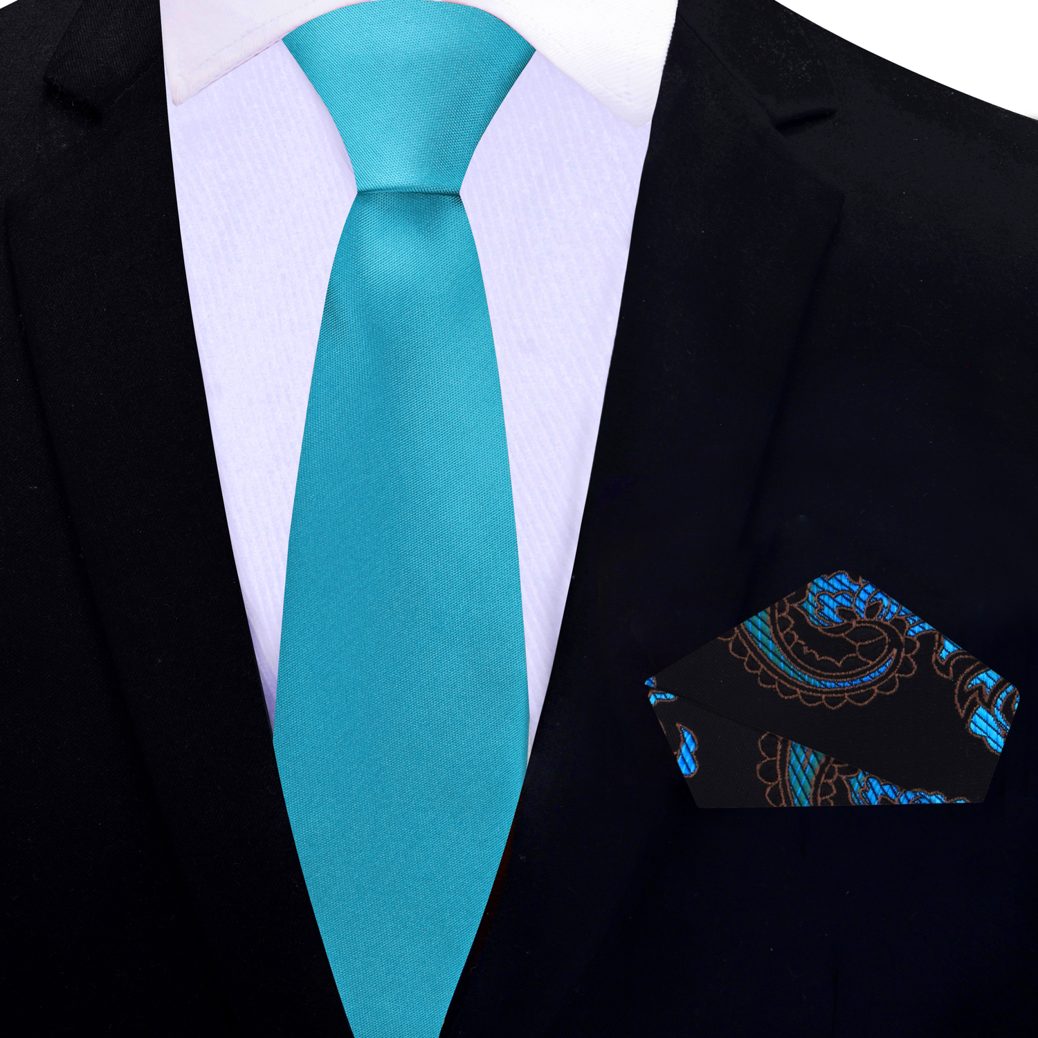 Thin Tie: Caribbean Blue Green Necktie with Black and Blue Green Paisley Pocket Square