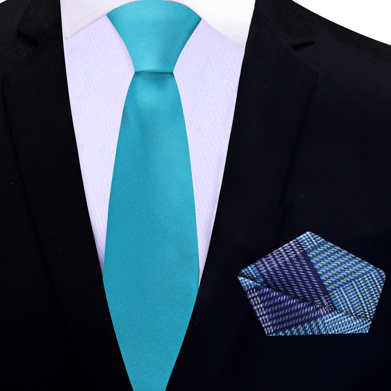 Thin Tie: Caribbean Blue Green Necktie with Plaid Pocket Square
