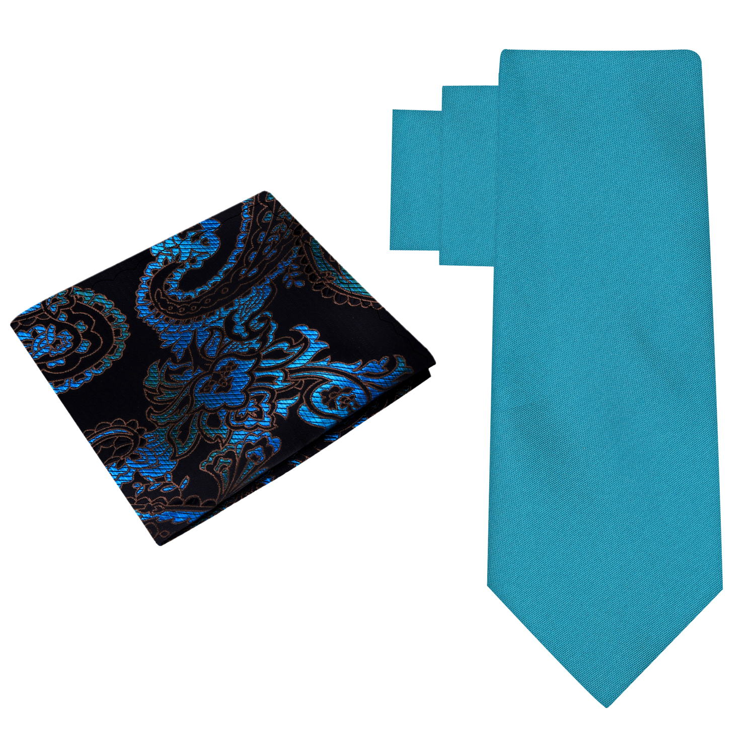 Alt View: Caribbean Blue Green Necktie with Black and Blue Green Paisley Pocket Square