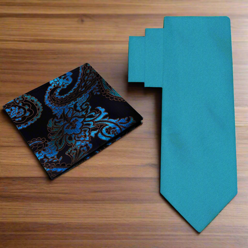 Alt View: Caribbean Blue Green Necktie with Black and Blue Green Paisley Pocket Square