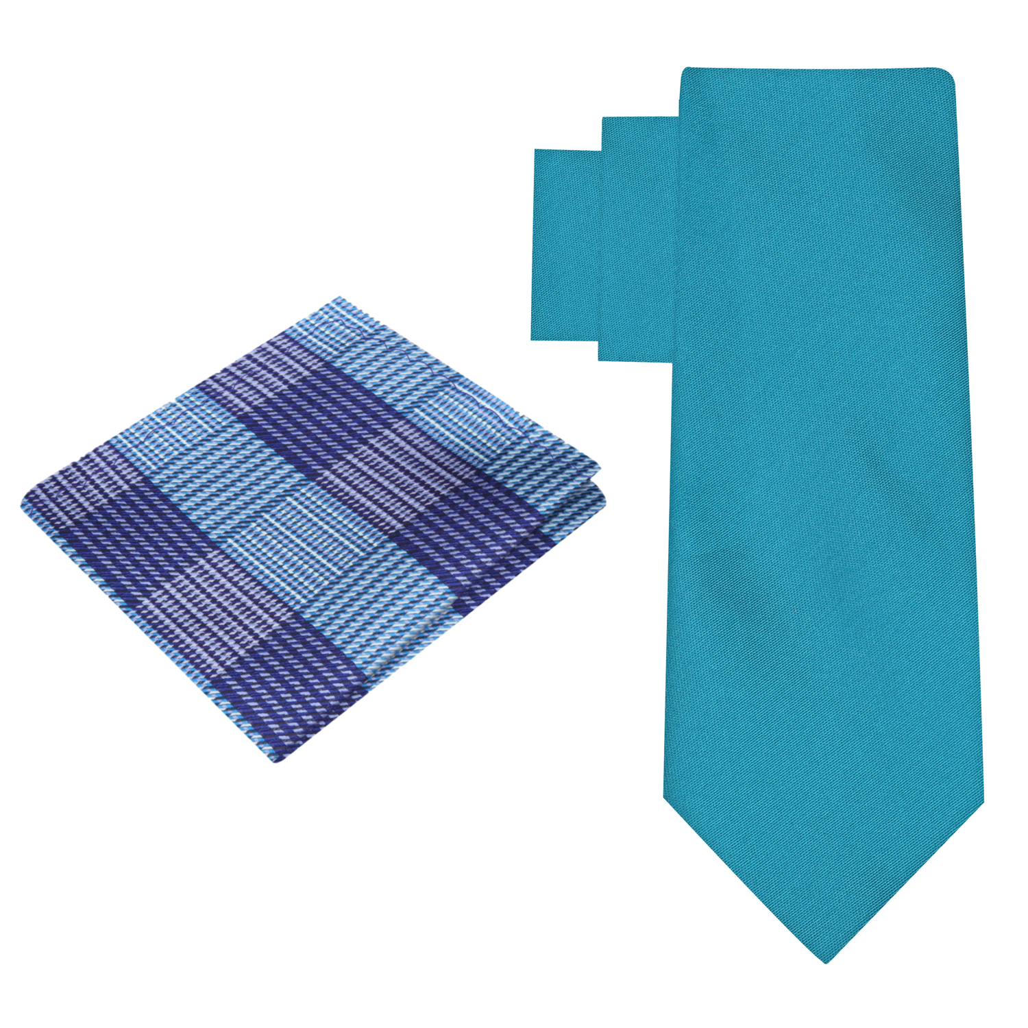 Alt View: Caribbean Blue Green Necktie with Plaid Pocket Square