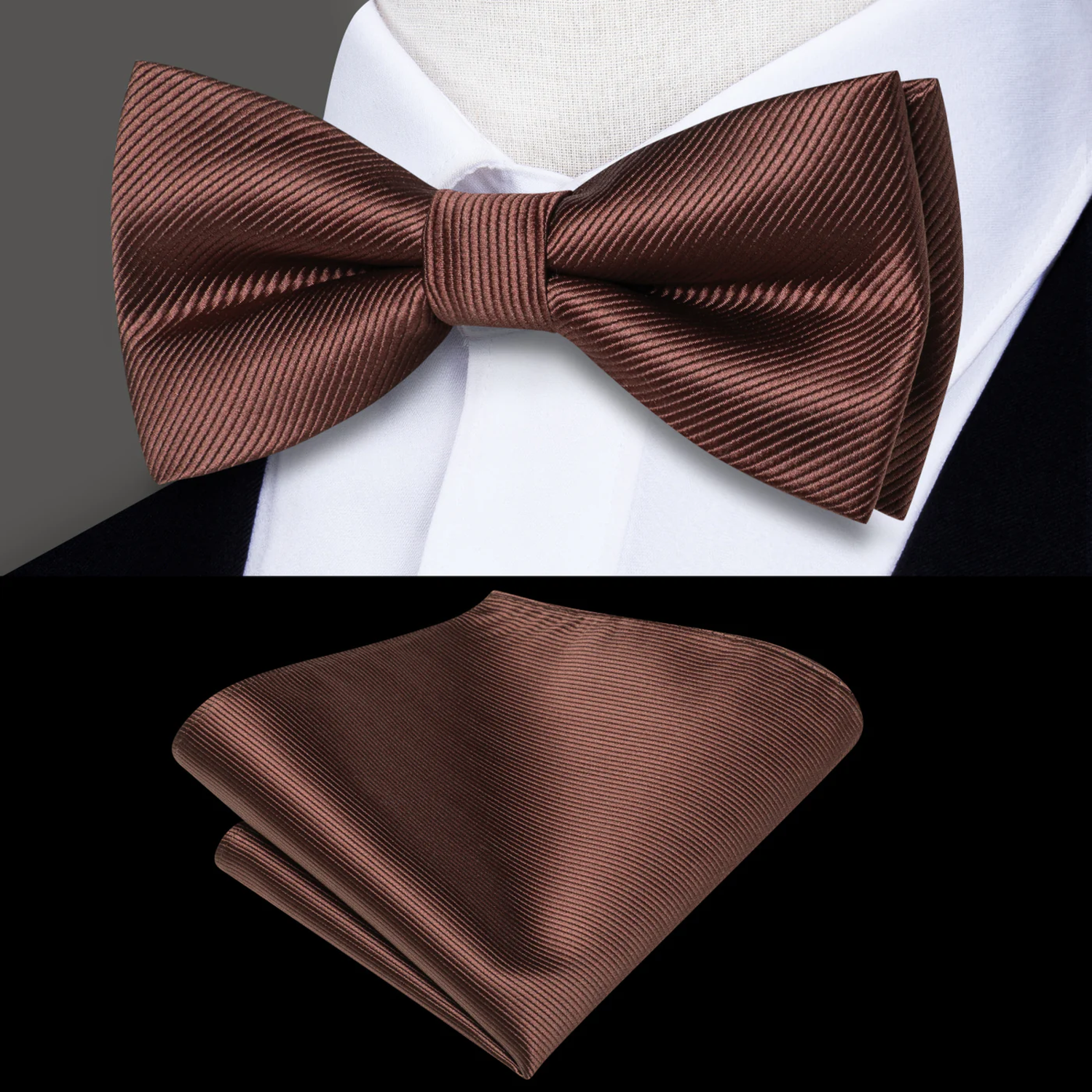 Main View: A Brown Solid Pattern Silk Self Tie Bow Tie, Matching Pocket Square