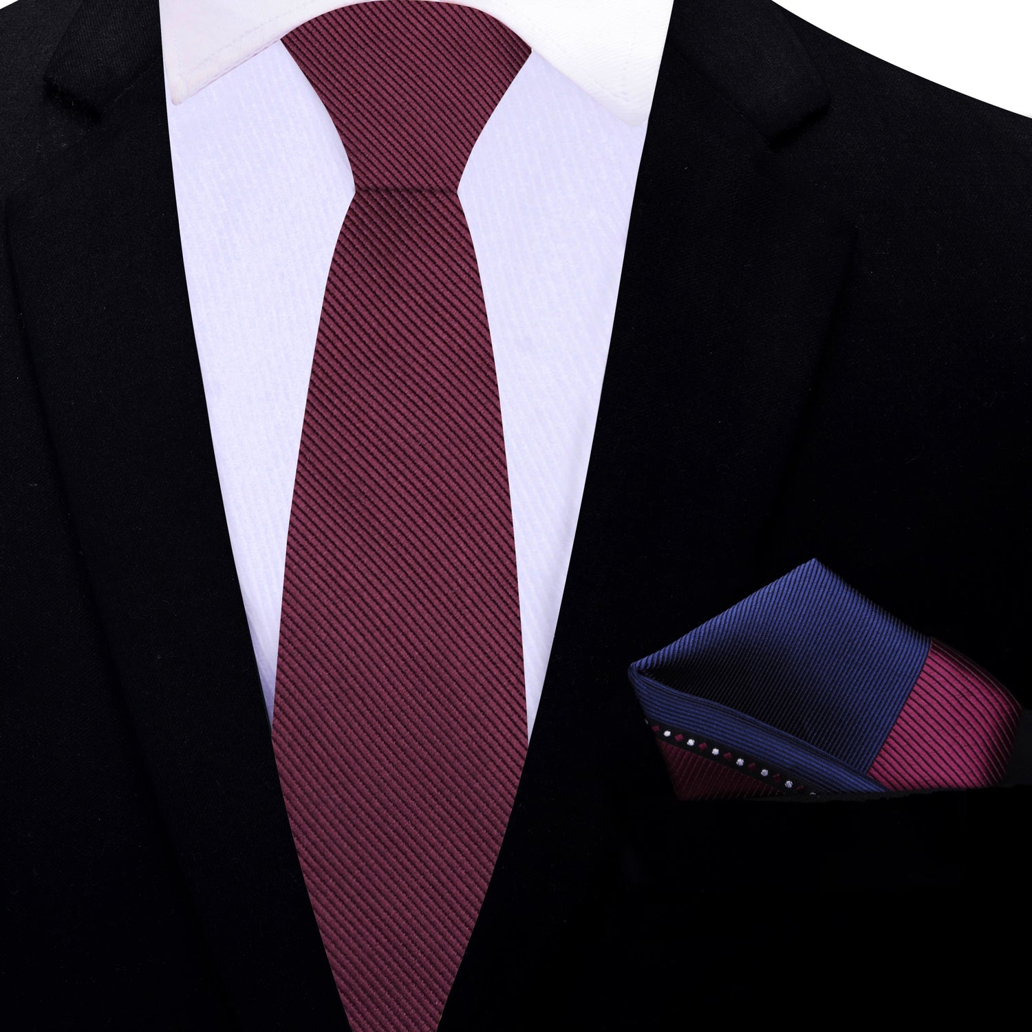 Thin Tie: Deep Malbec Solid Necktie and Accenting Blue, Burgundy Abstract Square
