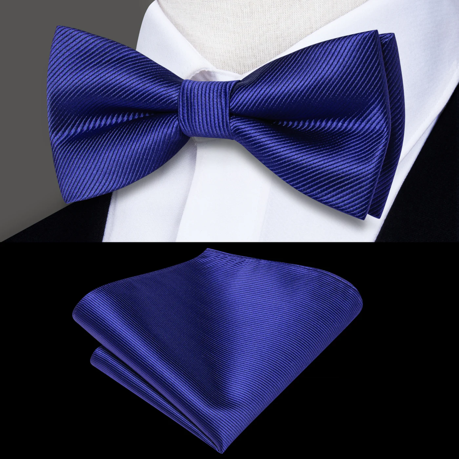 A Dark Blue Solid Pattern Silk Self Tie Bow Tie, Matching Pocket Square