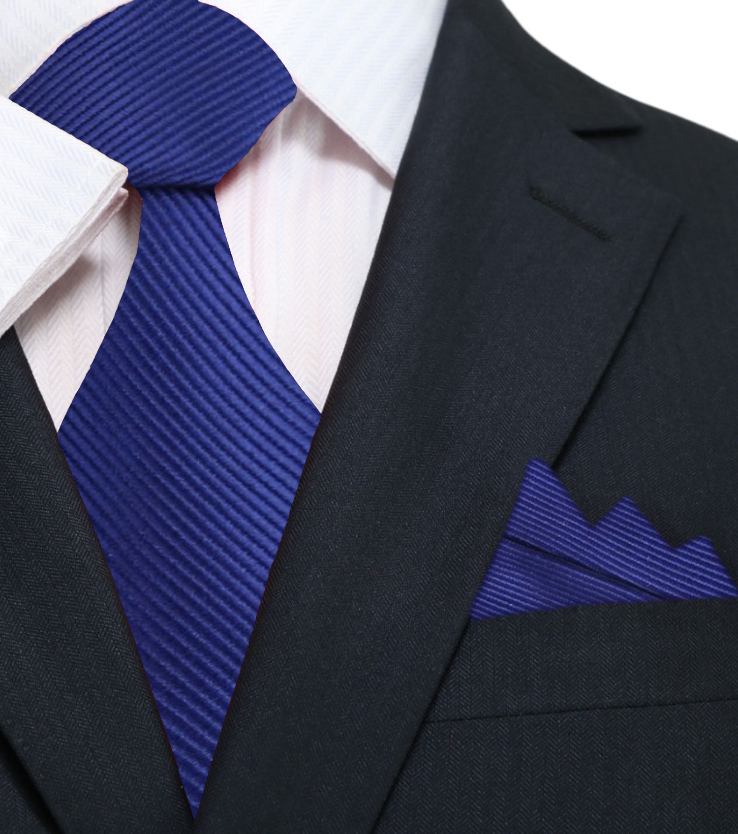 Main: A Solid Dark Blue Colored Silk Necktie With Matching Pocket Square||Navy