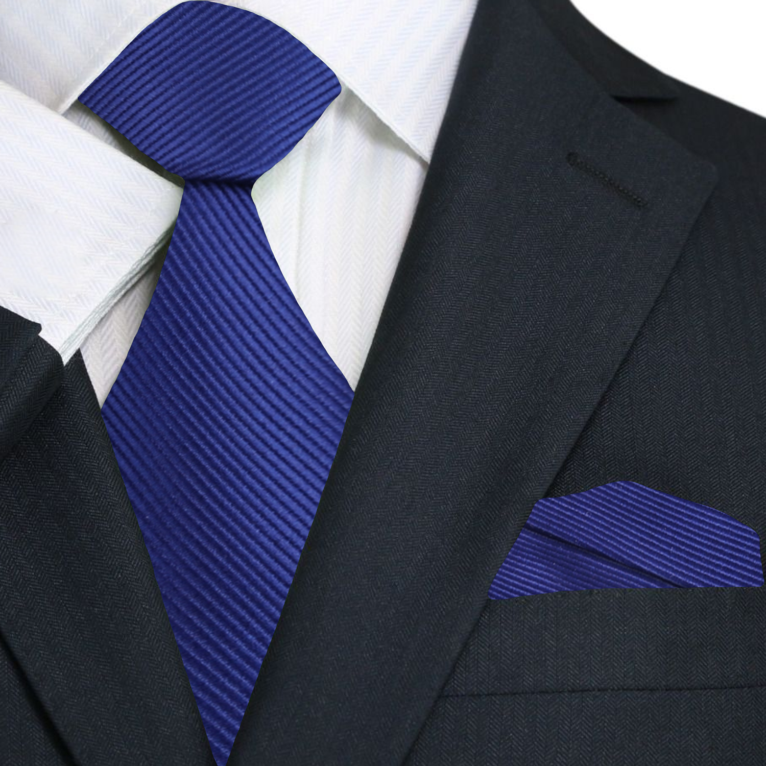 Main: A Solid Dark Blue Colored Silk Necktie With Matching Pocket Square||Navy