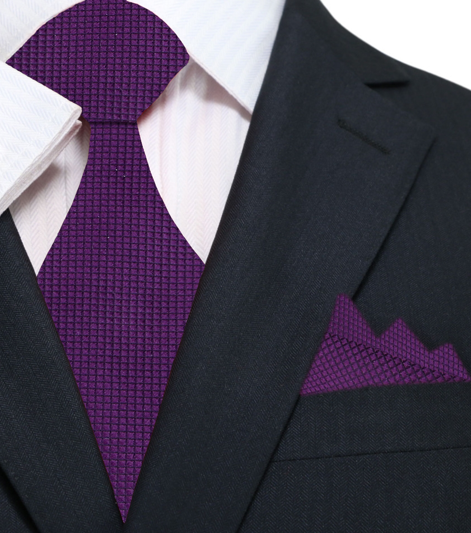 A Solid Deep Purple With Check Texture Pattern Silk Necktie, Matching Pocket Square ||Purple