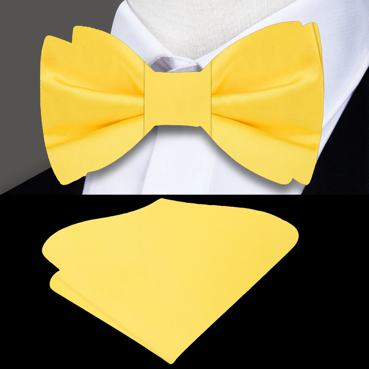 Solid Glossy Canary Yellow Bow Tie and Pocket Square