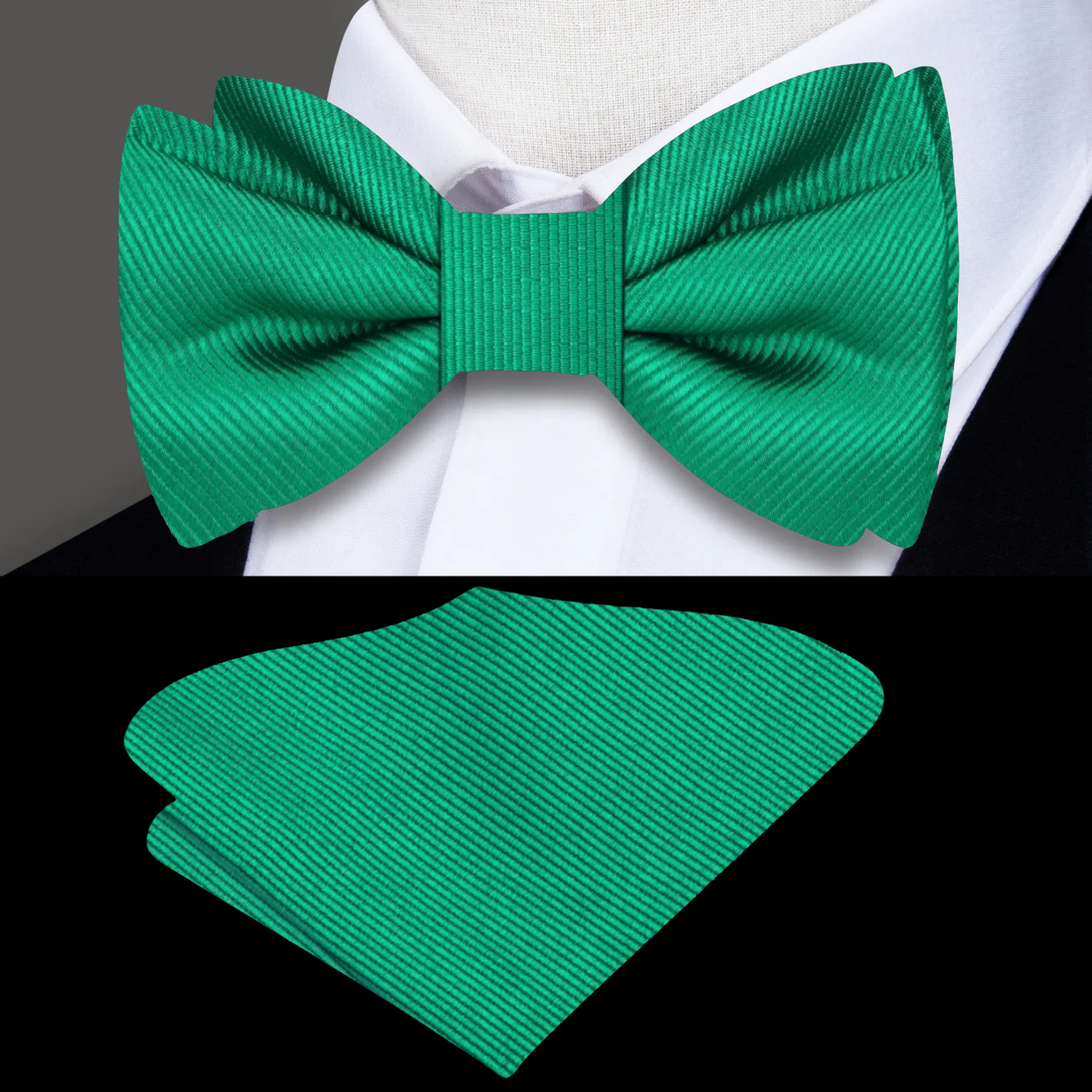 Main: A Green Solid Pattern Silk Self Tie Bow Tie, Matching Pocket Square
