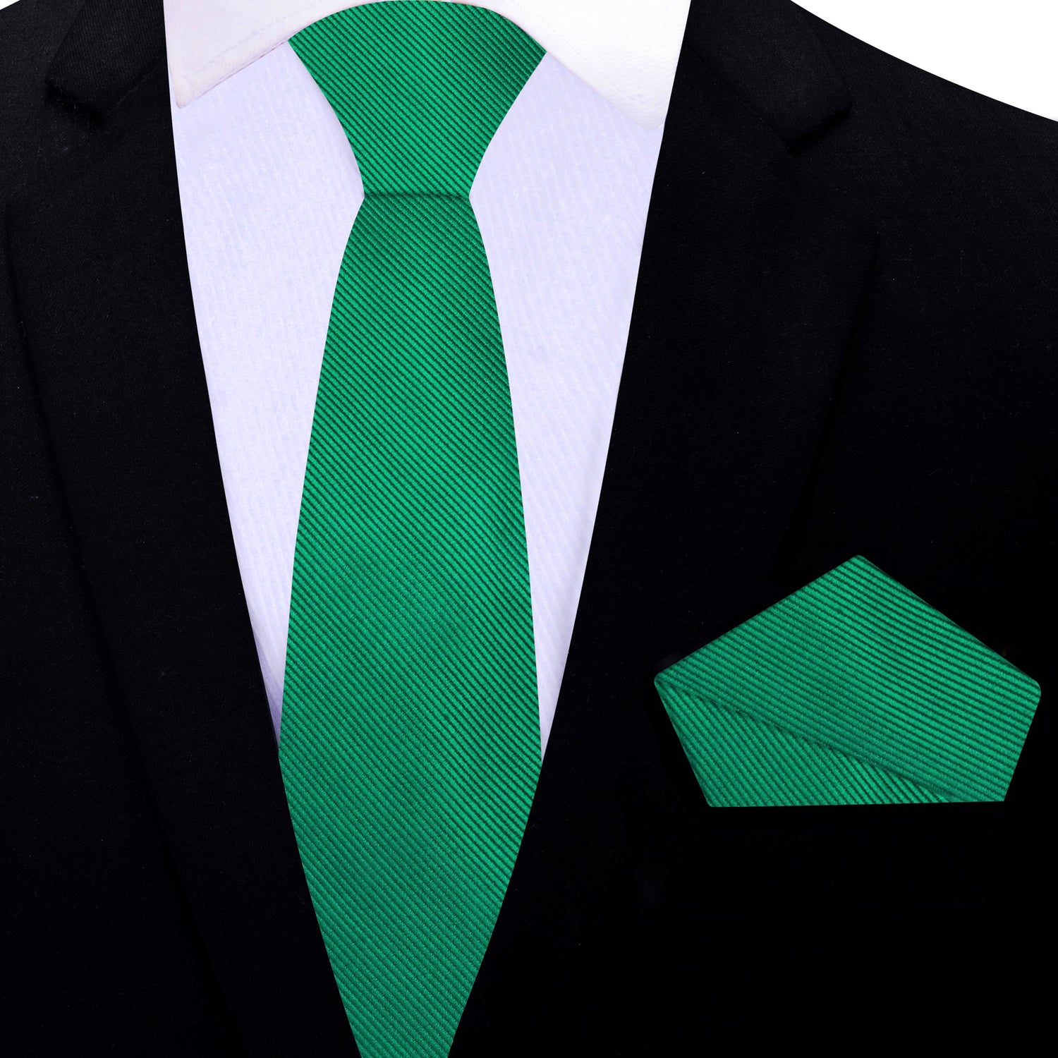Thin Tie: Solid Green Necktie with Grey and Square