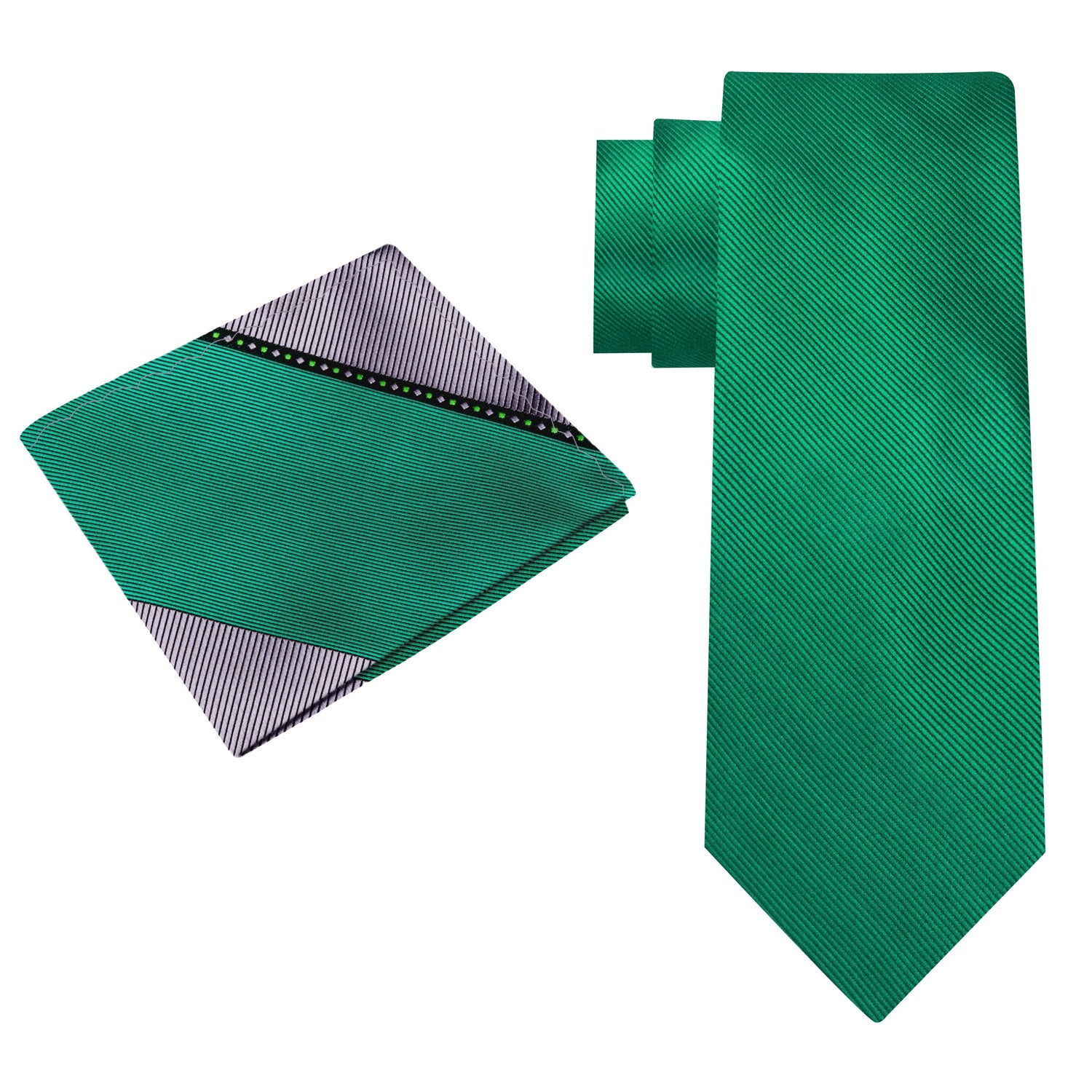 Alt View: Solid Green Necktie with Grey and Green Abstract Pocket Square