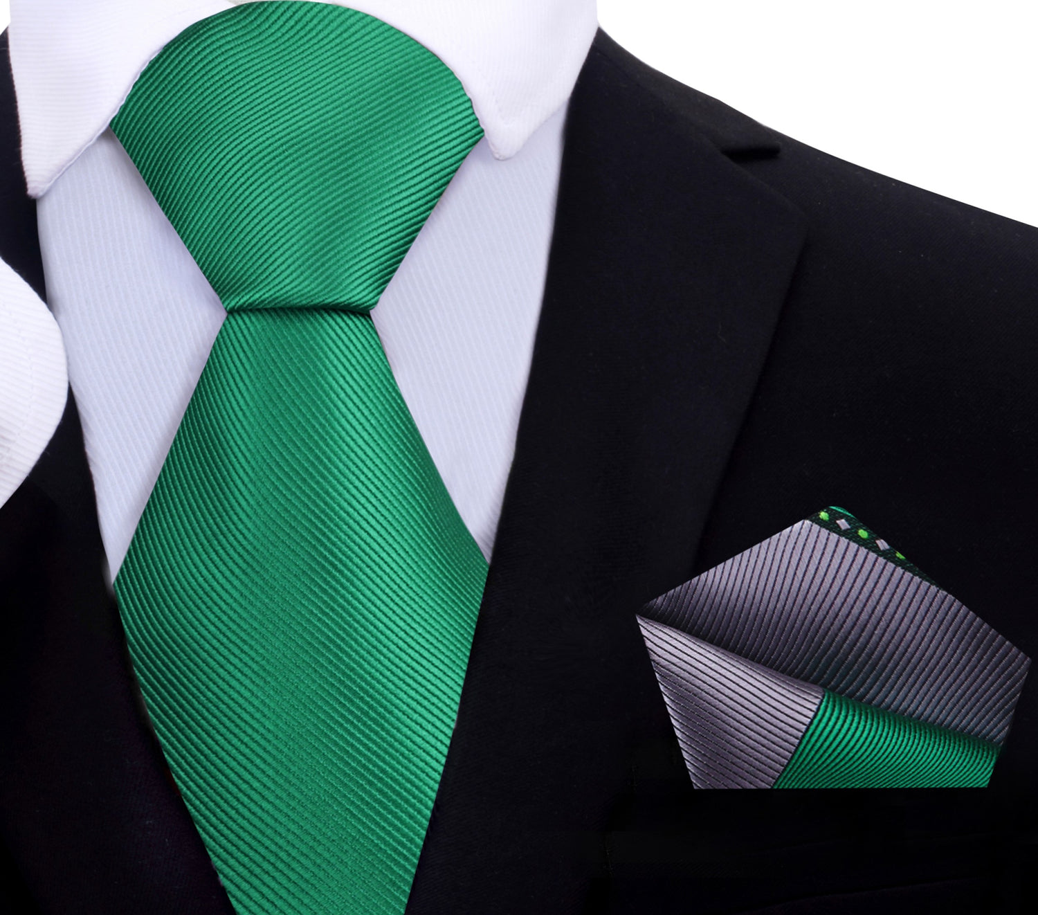 Solid Green Necktie with Grey and Green Abstract Pocket Square