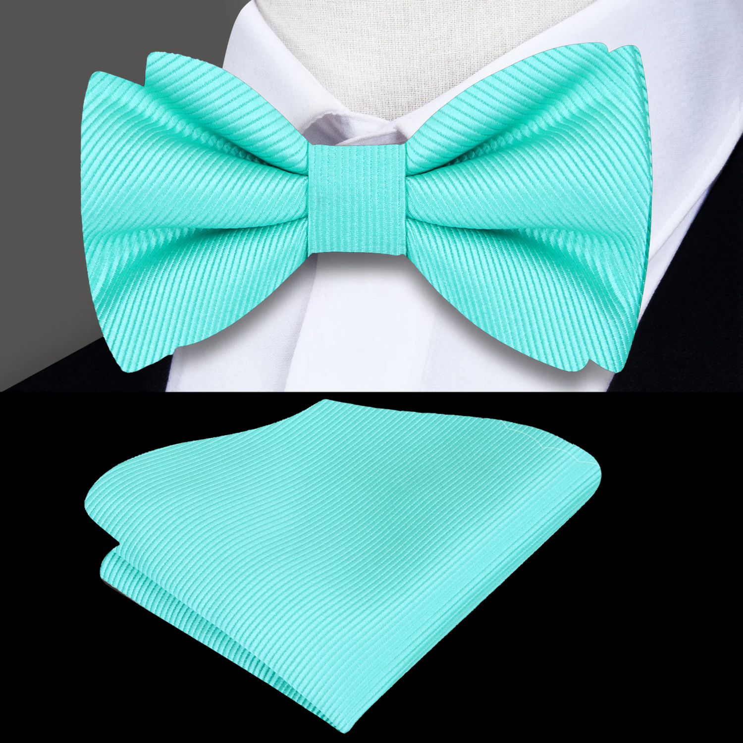 A Mint Solid Pattern Silk Self Tie Bow Tie, Matching Pocket Square
