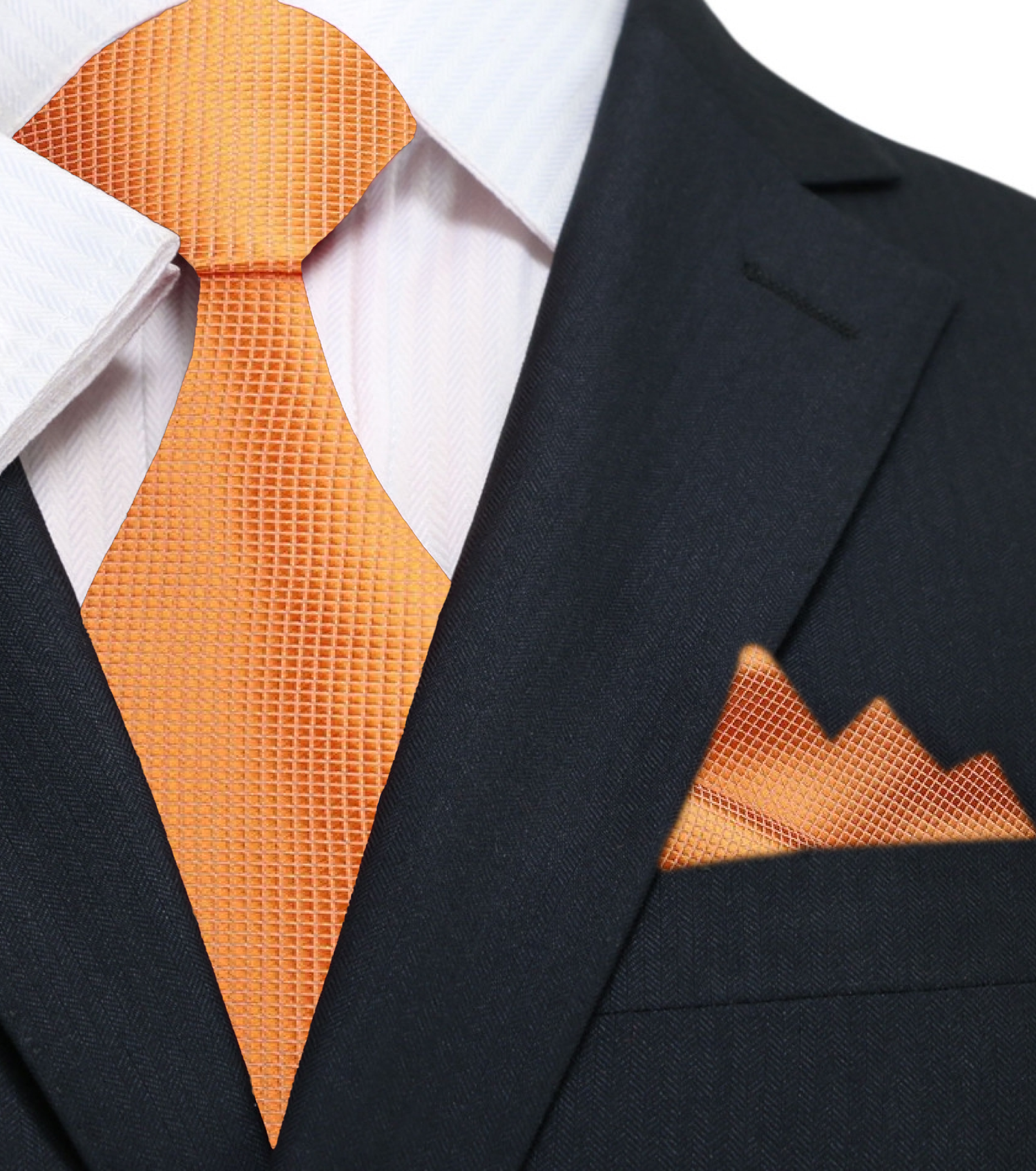 A Solid Orange With Check Texture Pattern Silk Necktie, Matching Pocket Square||Orange